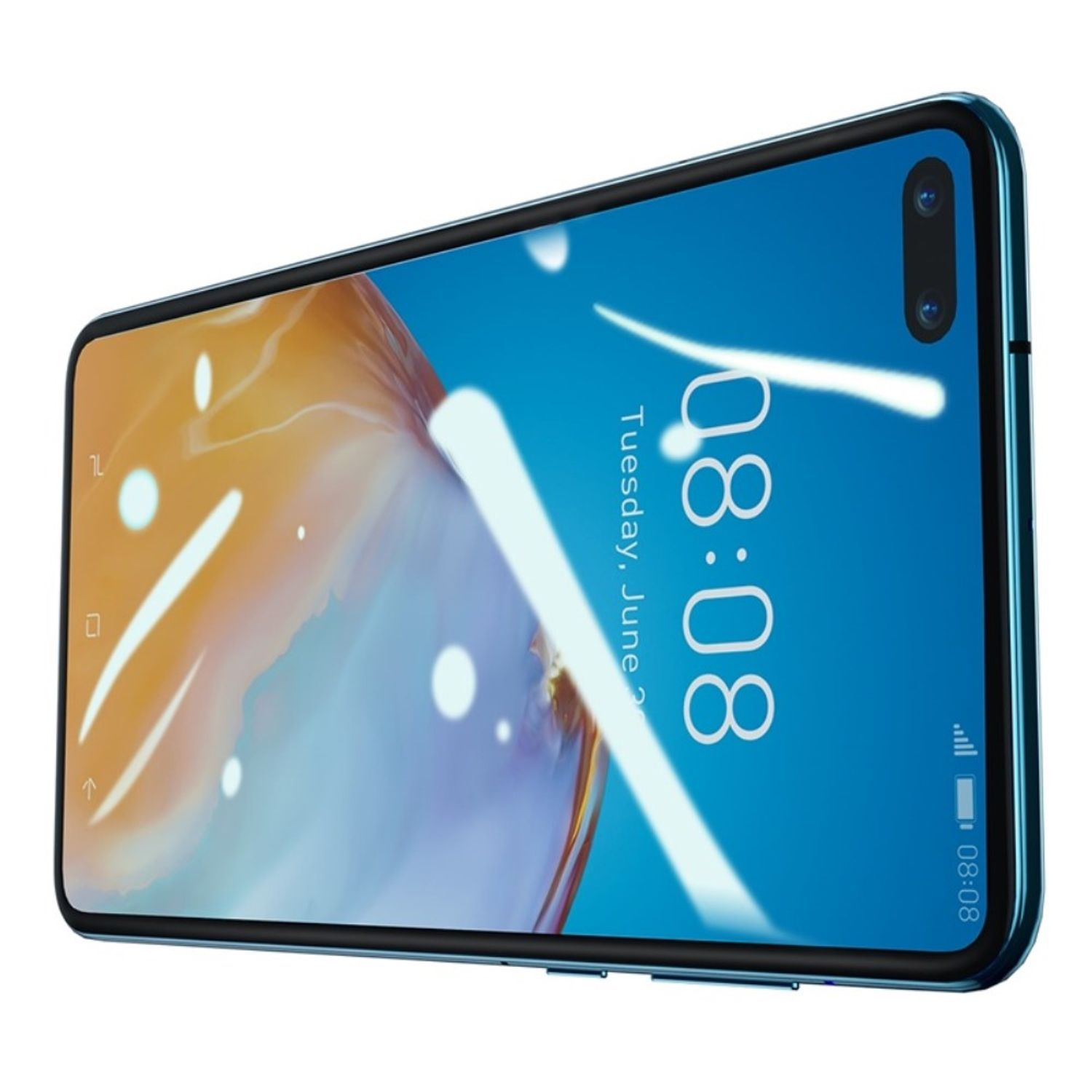 Ein modernes Smartphone mit blauem Rahmen und großem Bildschirm, der Uhrzeit und Datum anzeigt.