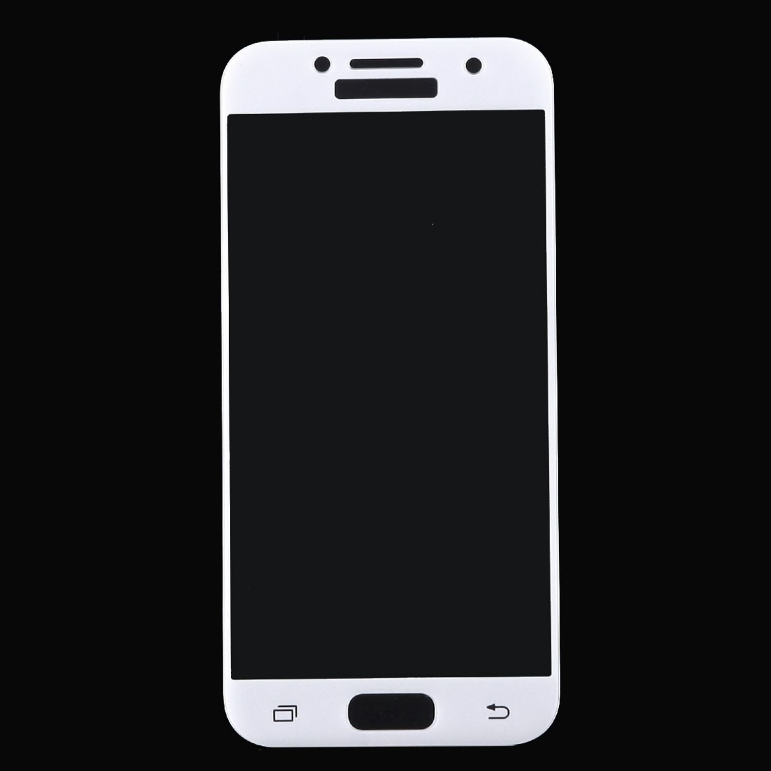 Weißer Smartphone-Bildschirm mit schwarzer Anzeige auf schwarzem Hintergrund.
