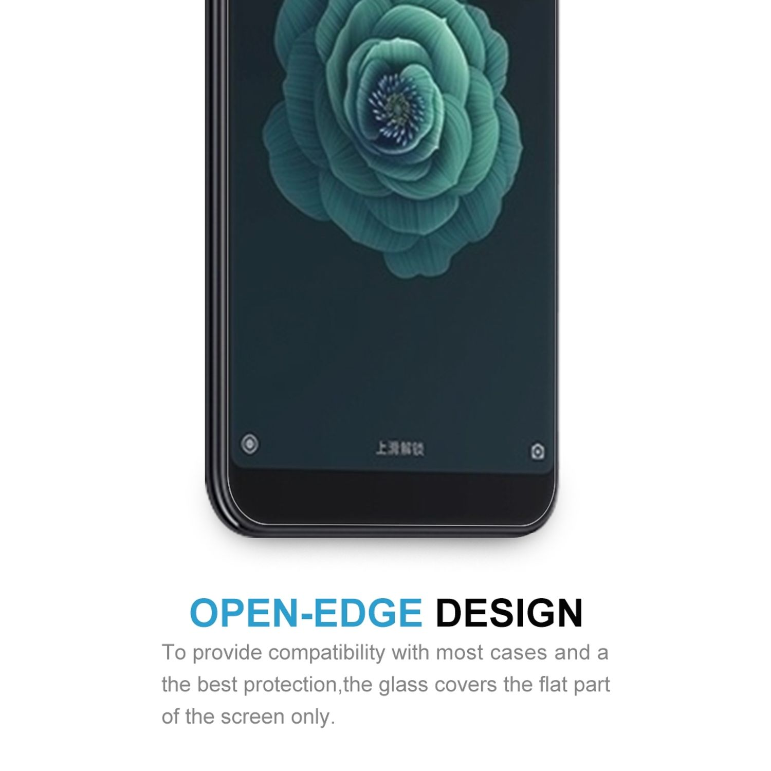 Schwarzer Telefonbildschirm mit farbenfrohem Blumendesign. Text darunter: OPEN-EDGE DESIGN.