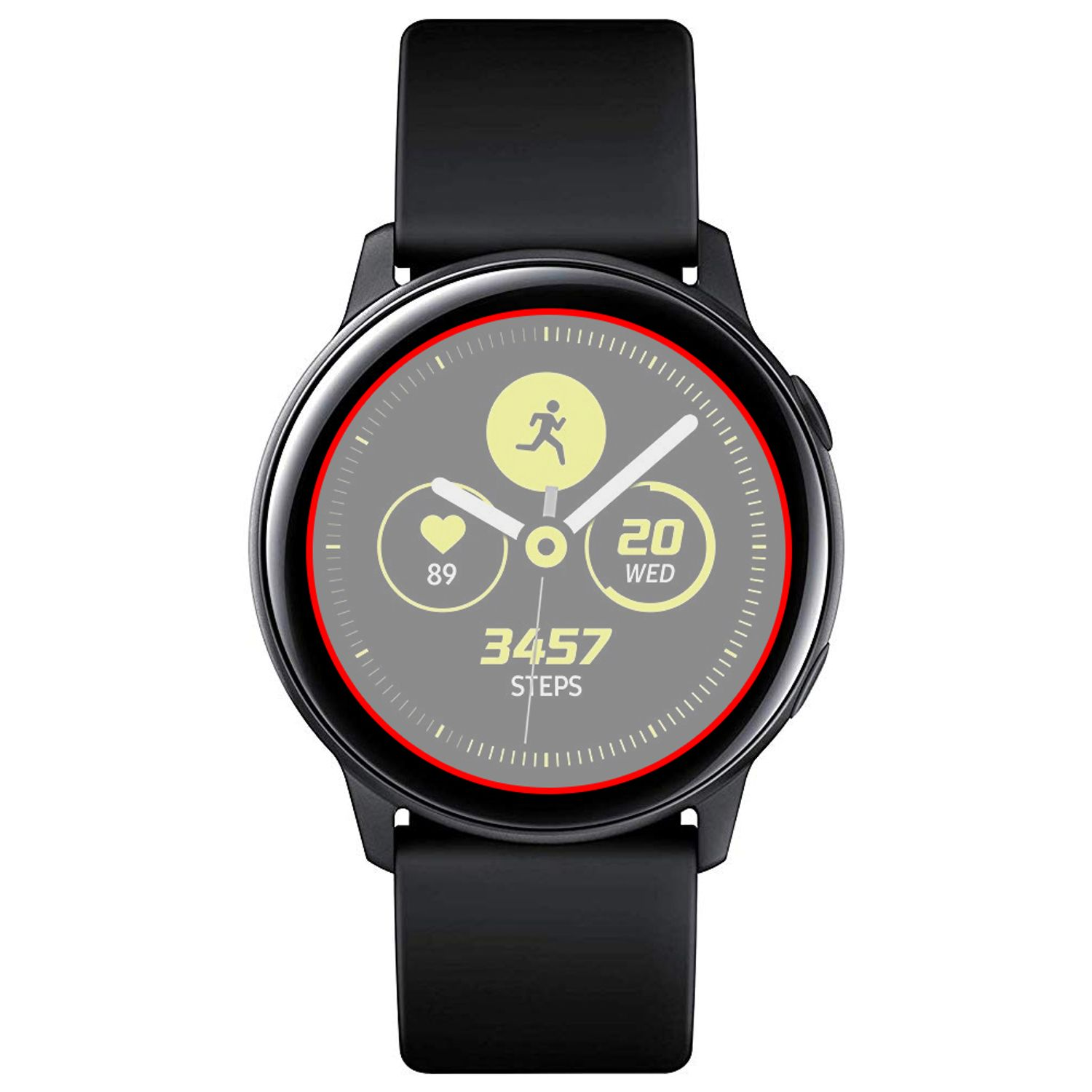 Smartwatch mit schwarzem Armband, das Zeit, Schritte und Herzfrequenz anzeigt, vor weißem Hintergrund.