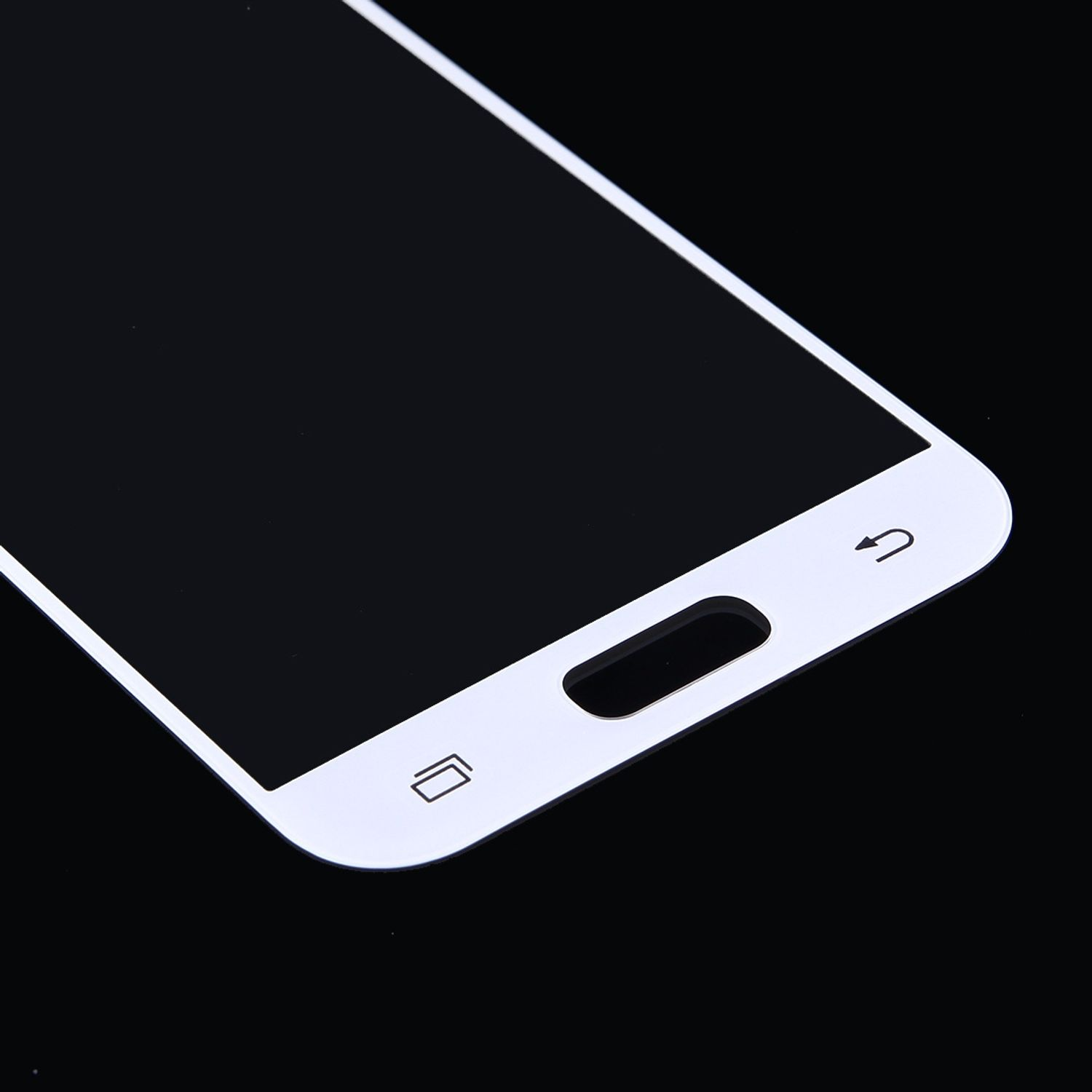 Weißer Smartphone-Bildschirm mit schwarzem Display, zeigt den unteren Teil, auf schwarzem Grund.