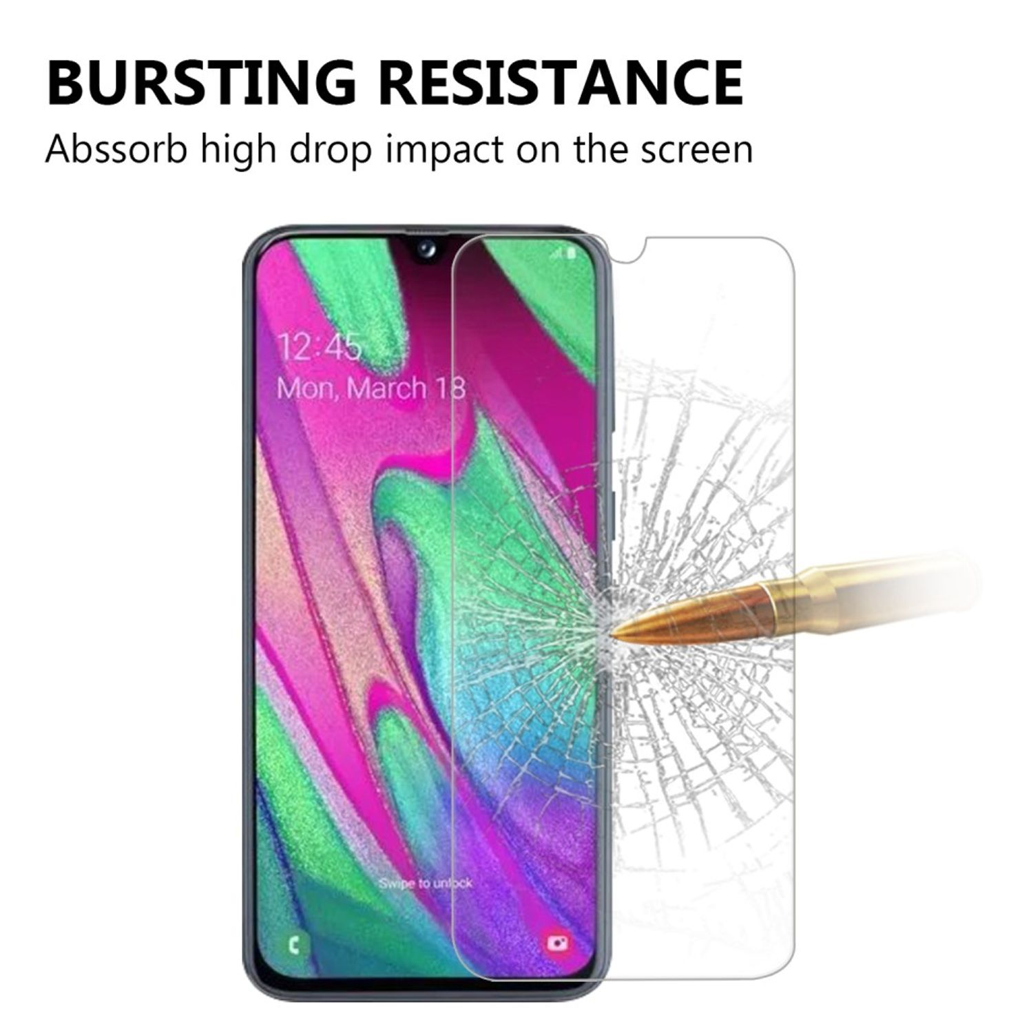 Ein Smartphone mit Displayschutzfolie, das von einer Kugel beschossen wird.