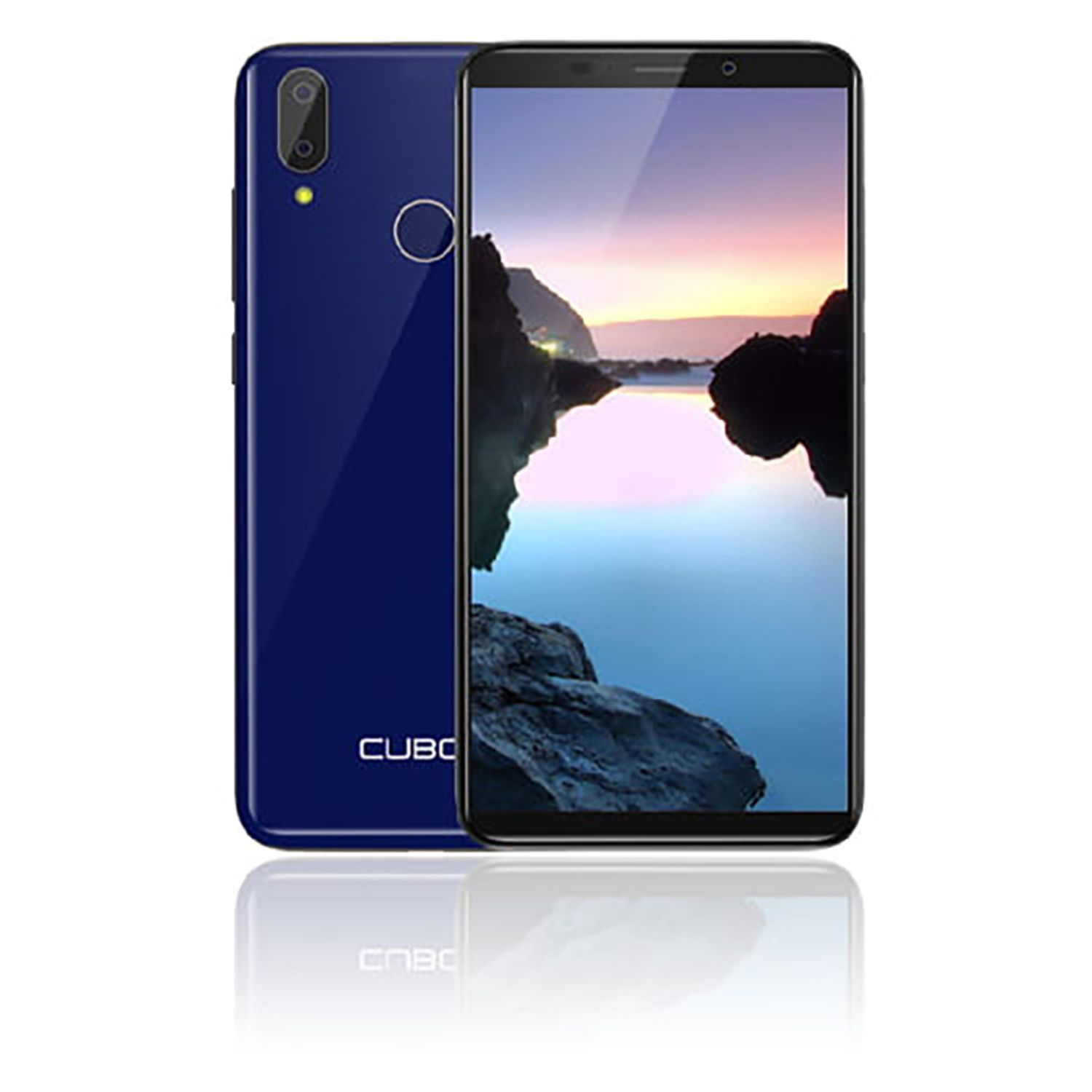 Blaues Smartphone, Vorder- und Rückansicht. Der Bildschirm zeigt eine Landschaftsszene. Weißer Hintergrund.