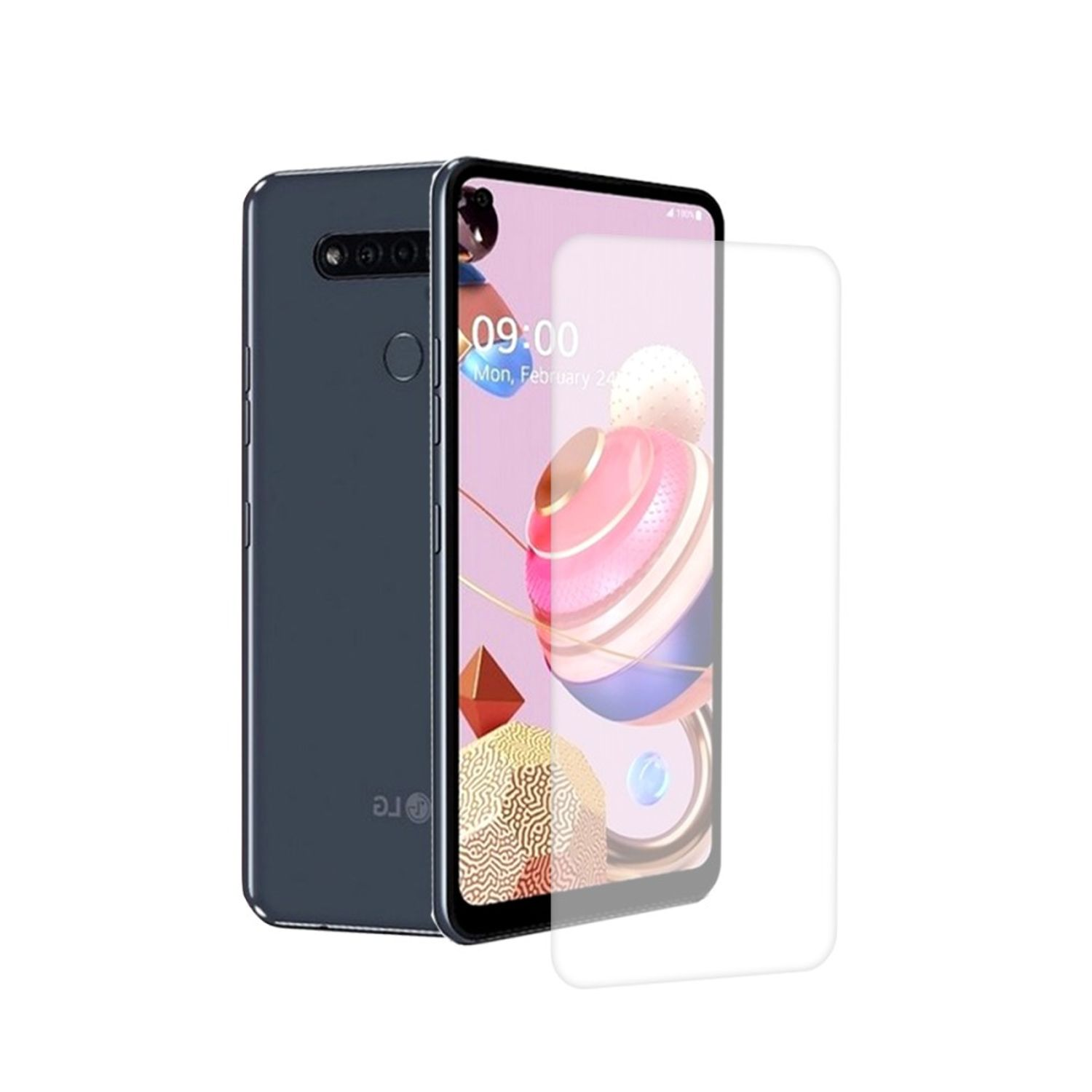 Smartphone und Displayschutzfolie. Telefon ist dunkelgrau, der Displayschutz ist klar.