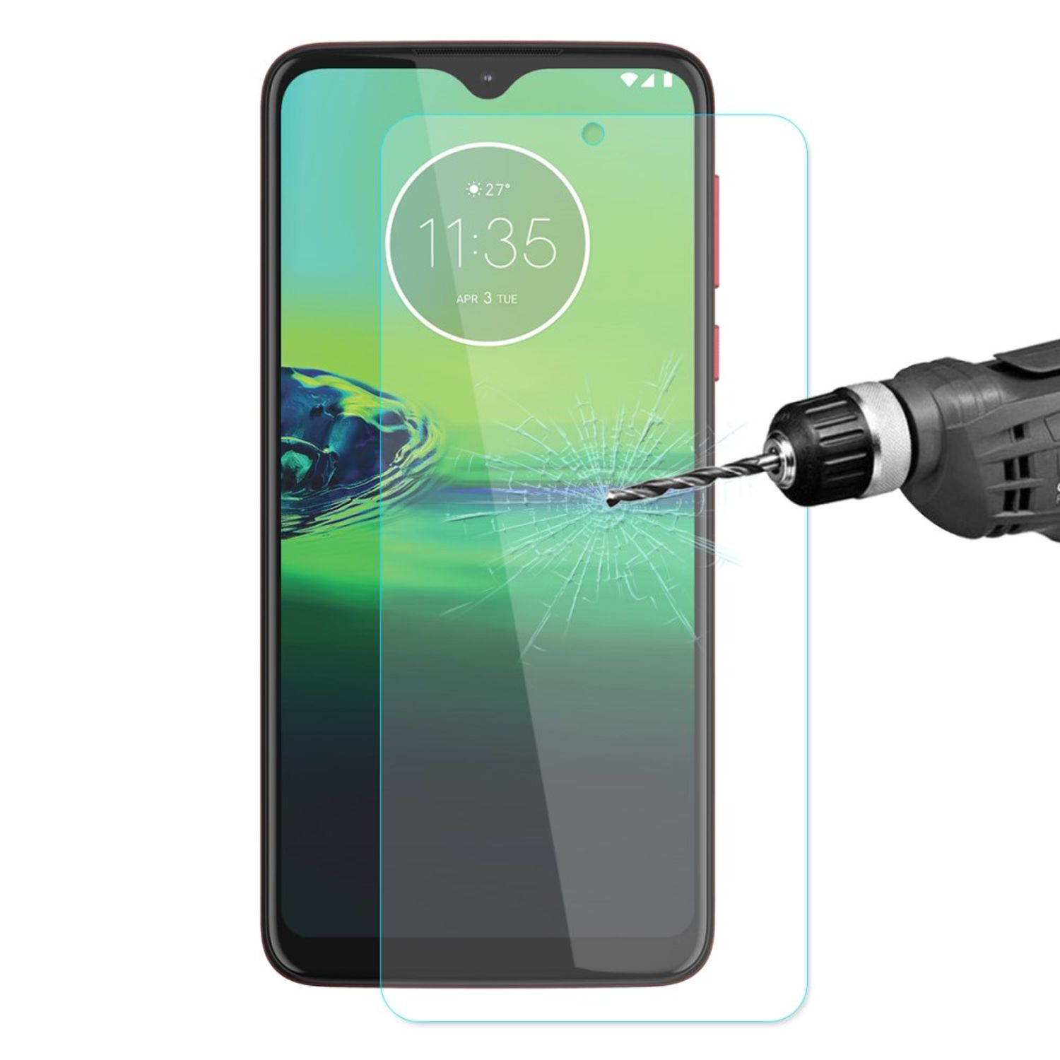 Telefon mit Displayschutz und Bohrer daneben. Der Bildschirm reißt. Display sichtbar.