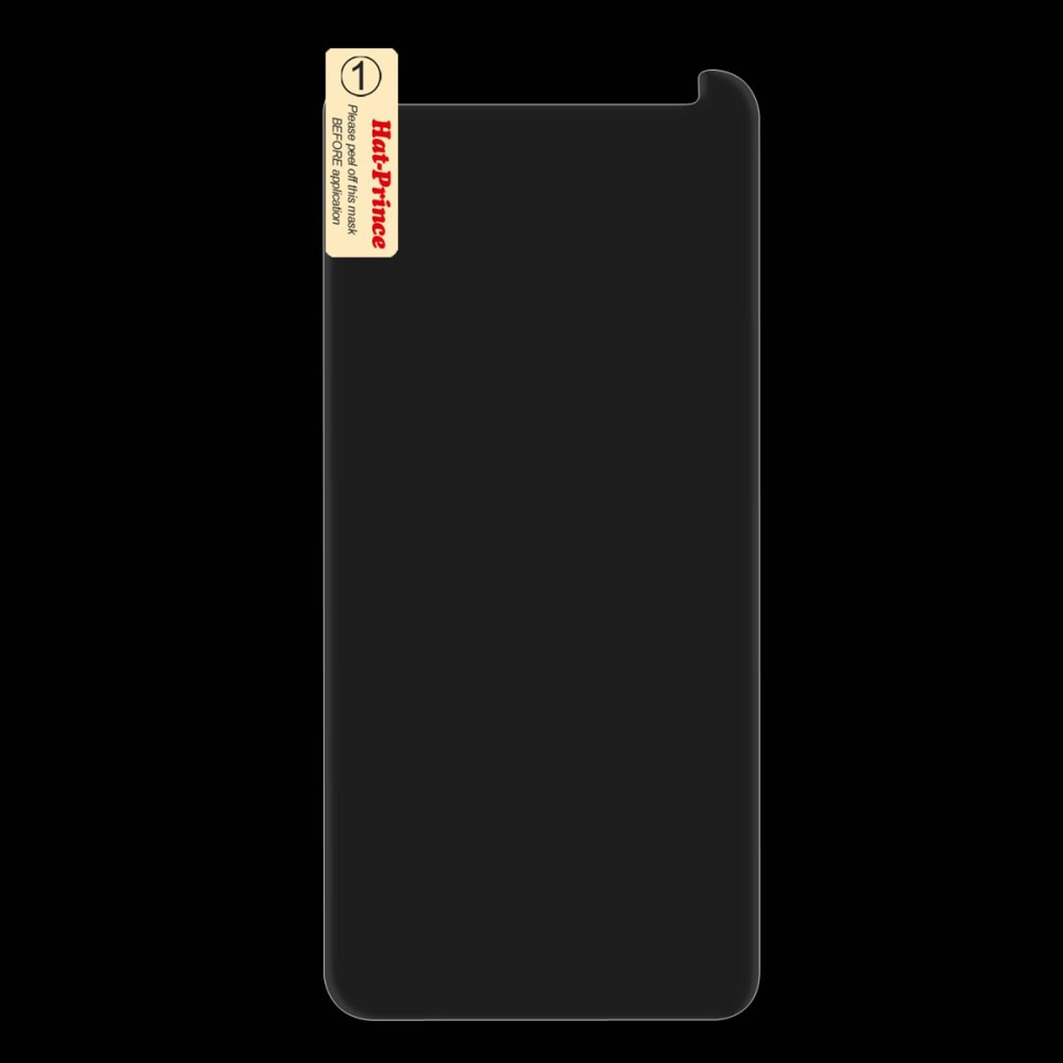Schwarzer Displayschutz für ein Telefon. Enthält eine abziehbare Lasche mit Anweisungen.