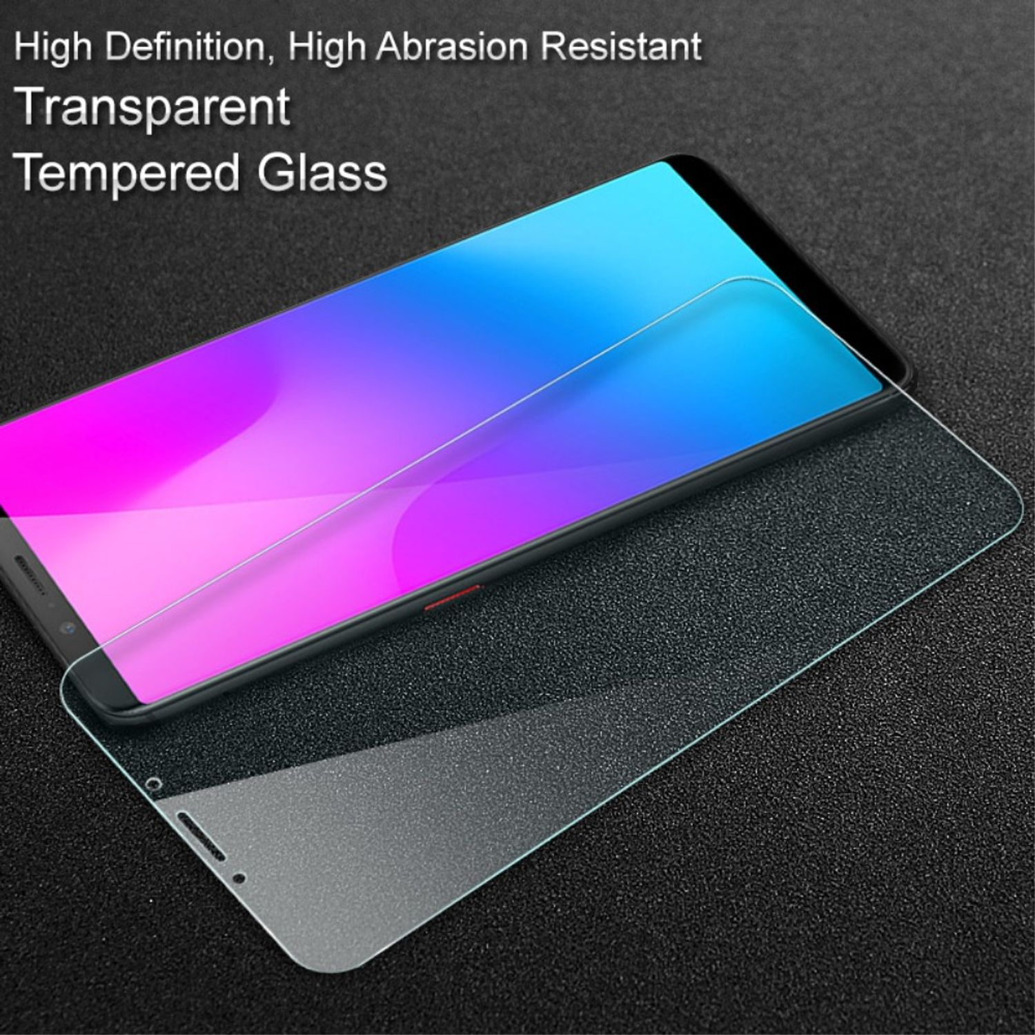 Displayschutz aus gehärtetem Glas auf einem Smartphone. Textbeschriftungen beschreiben das Produkt.