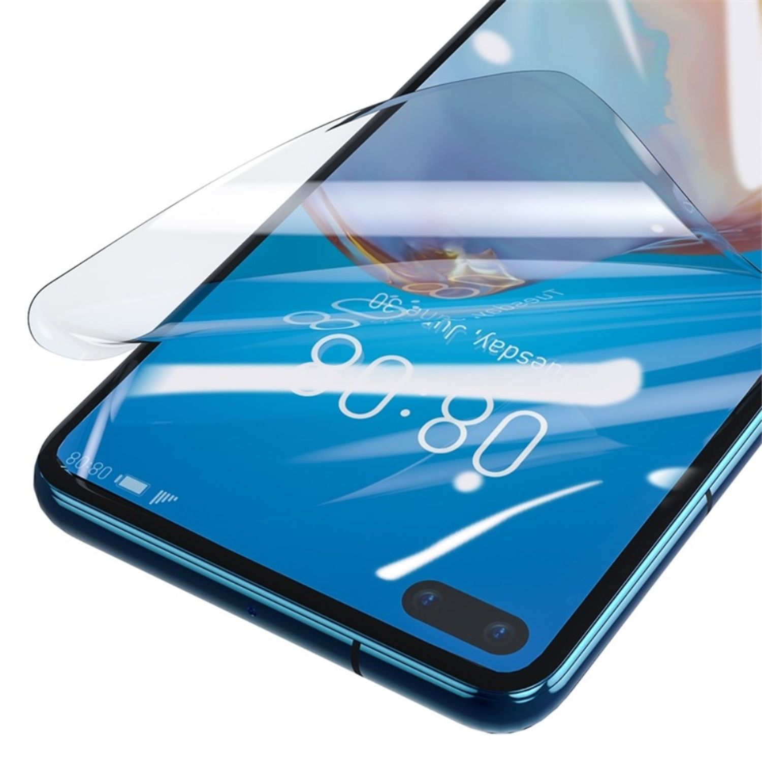 Telefonbildschirm mit teilweise angebrachtem Displayschutz. Zeigt die Uhrzeit 08:08. Klarer Bildschirm mit blauem Farbton.