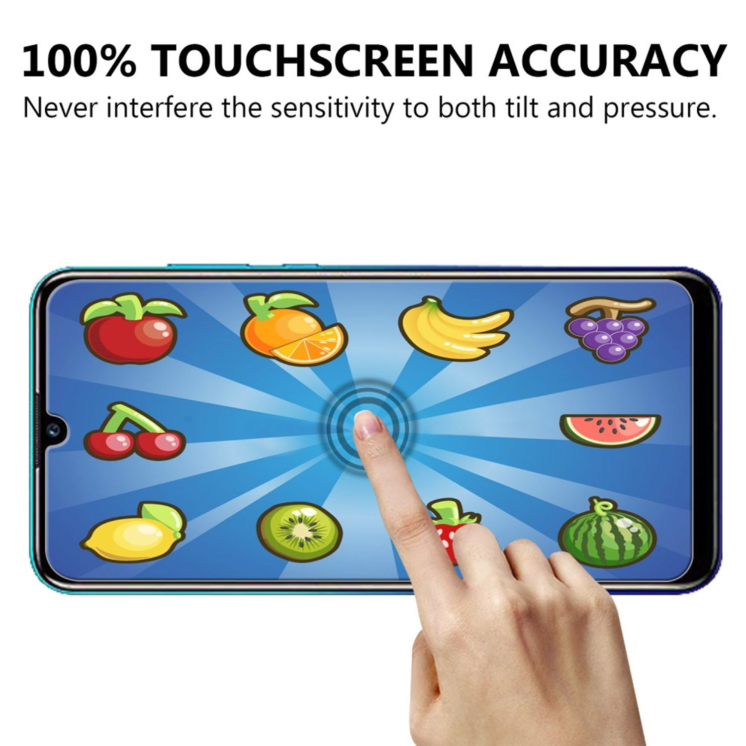 Hand berührt Telefonbildschirm mit Fruchtspiel. Text: „100 % Touchscreen-Genauigkeit“.