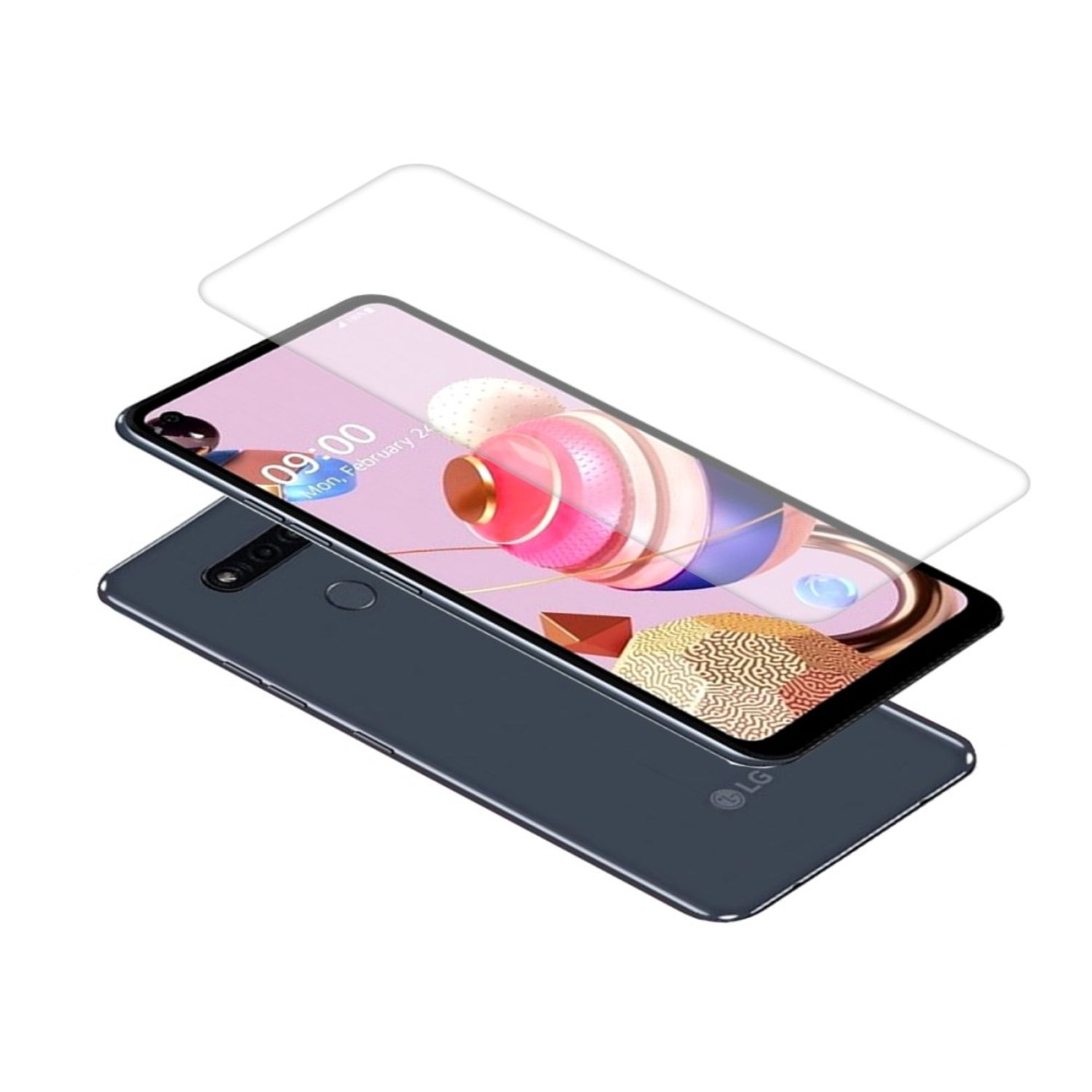 Ein LG-Telefon mit einer Displayschutzfolie oben drauf. Das Telefon ist dunkelblau. Der Hintergrund ist weiß.