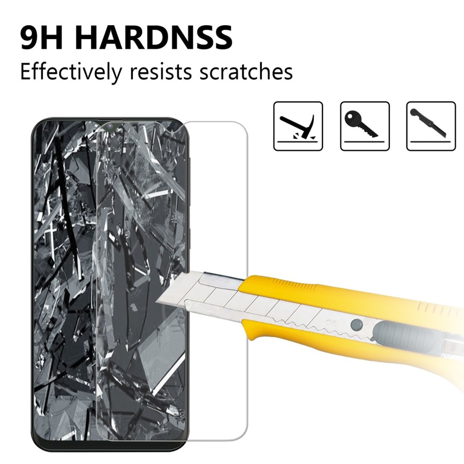 Ein klarer Displayschutz wird mit einem Cutter geschnitten. Das Telefon dahinter ist kaputt.