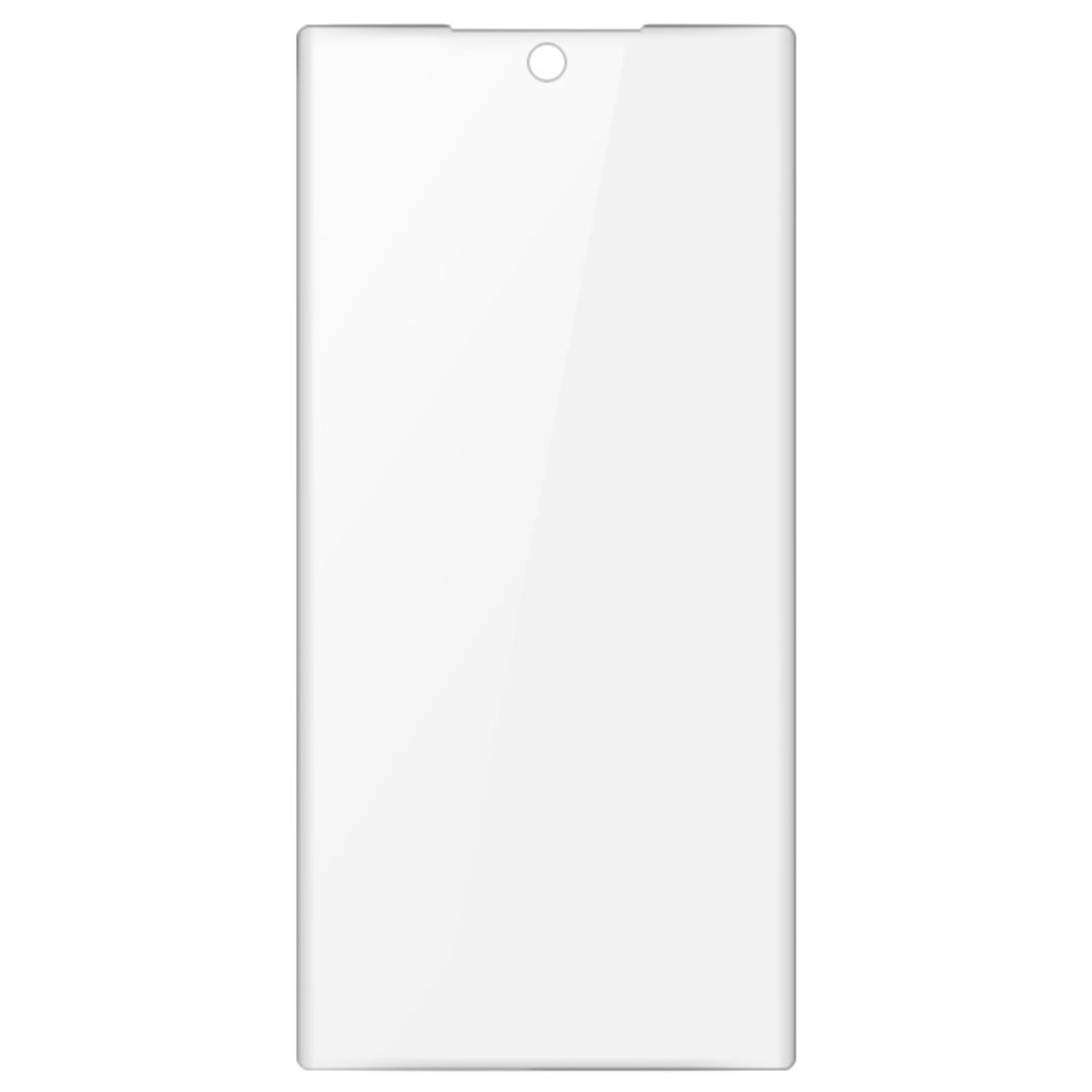 Transparenter Displayschutz auf weißem Hintergrund, mit Loch für die Kamera.