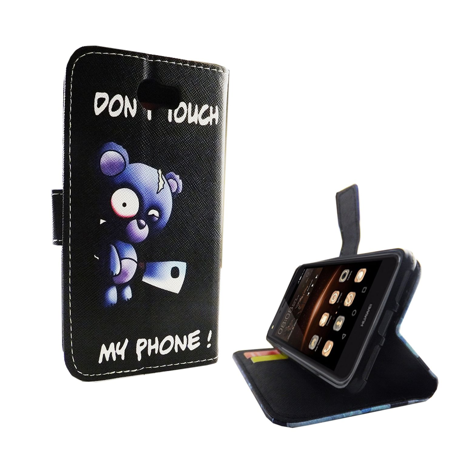 Handyhülle mit Cartoon-Bären-Bild. Das Telefon befindet sich in der Hülle.