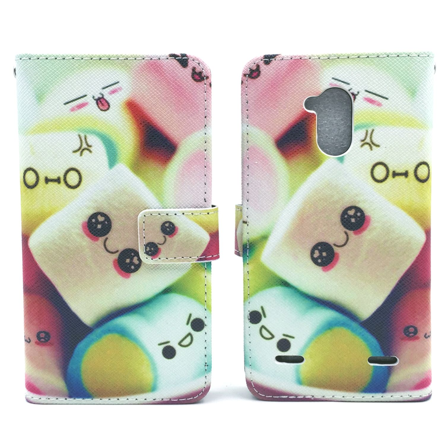 Handyhülle mit Cartoon-Marshmallows. Zwei Seiten geöffnet, eine zeigt das Telefon.