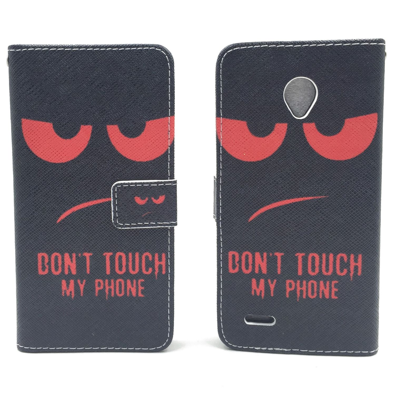 Schwarze Handyhülle mit roten, wütenden Augen und Text. Don't touch my phone. Weißer Hintergrund.