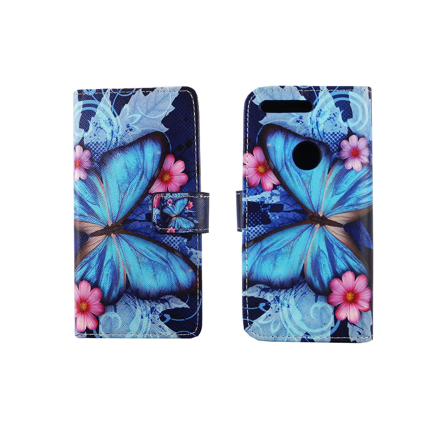 Eine Handyhülle hat ein blaues Schmetterlingsdesign mit rosa Blumen darauf. Die Hülle ist offen und geschlossen.