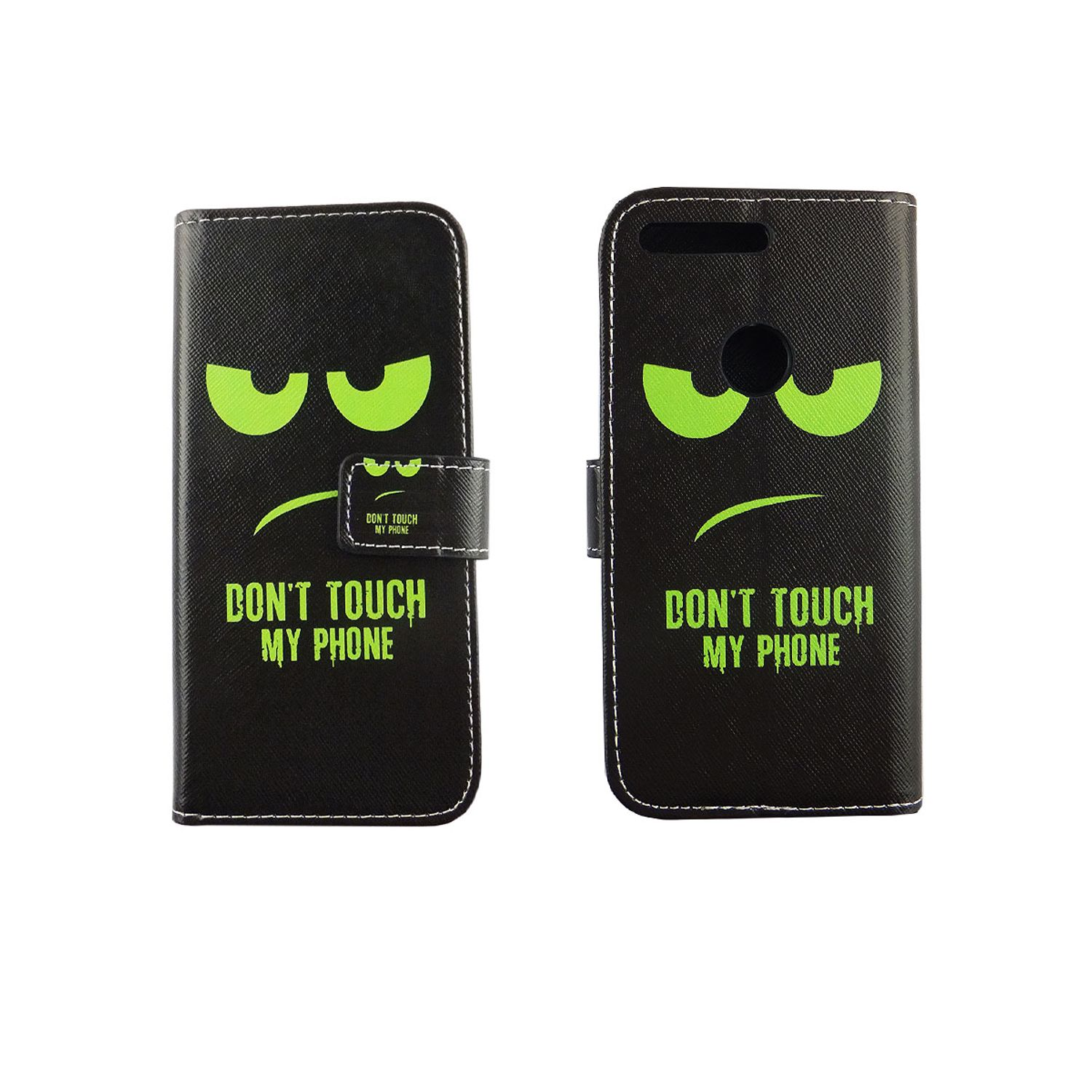 Schwarze Handyhülle, grünes wütendes Gesicht, Text: Don't Touch My Phone.