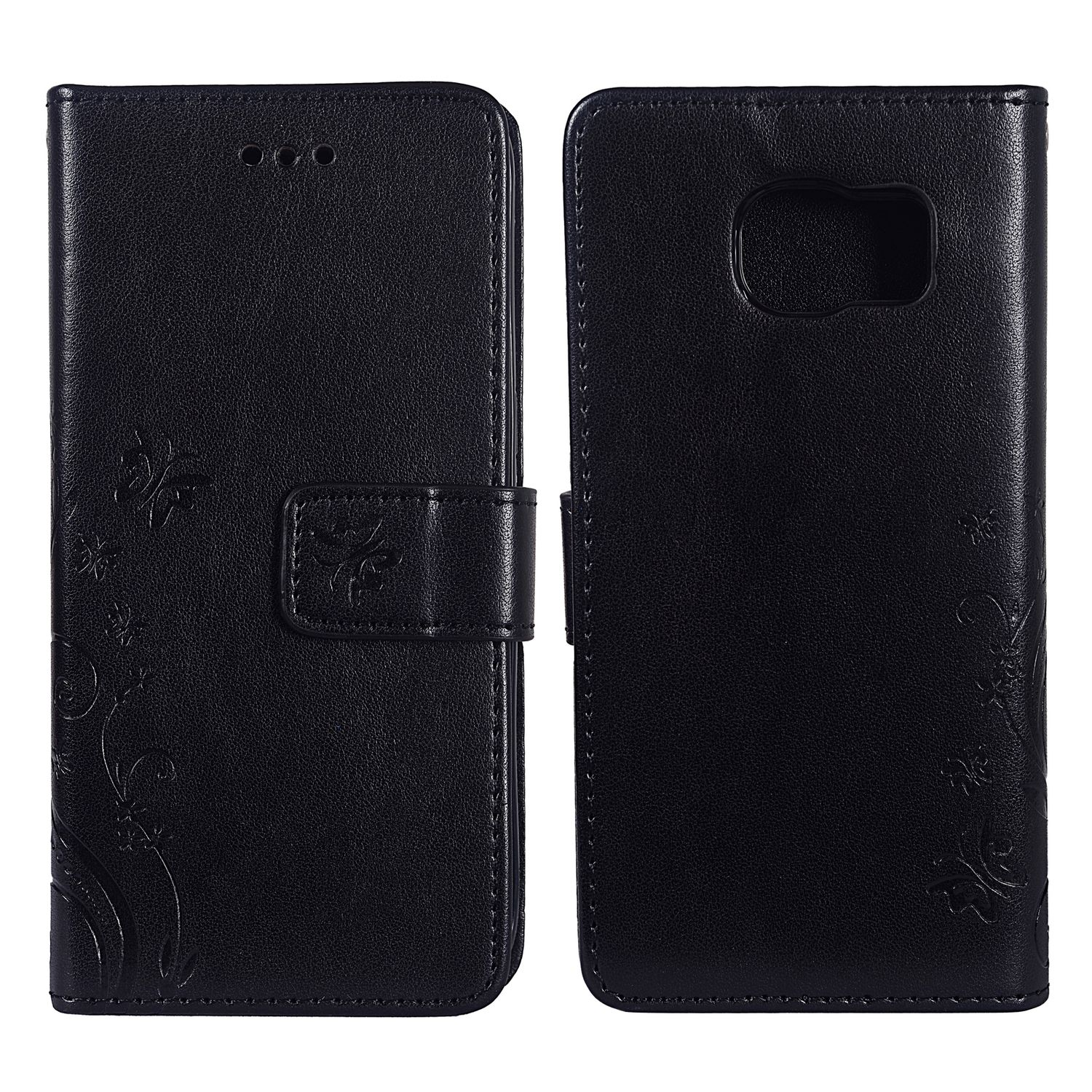 Schwarze Handyhülle mit floralem Design. Zwei Teile, einer für das Telefon, der andere gefaltet.
