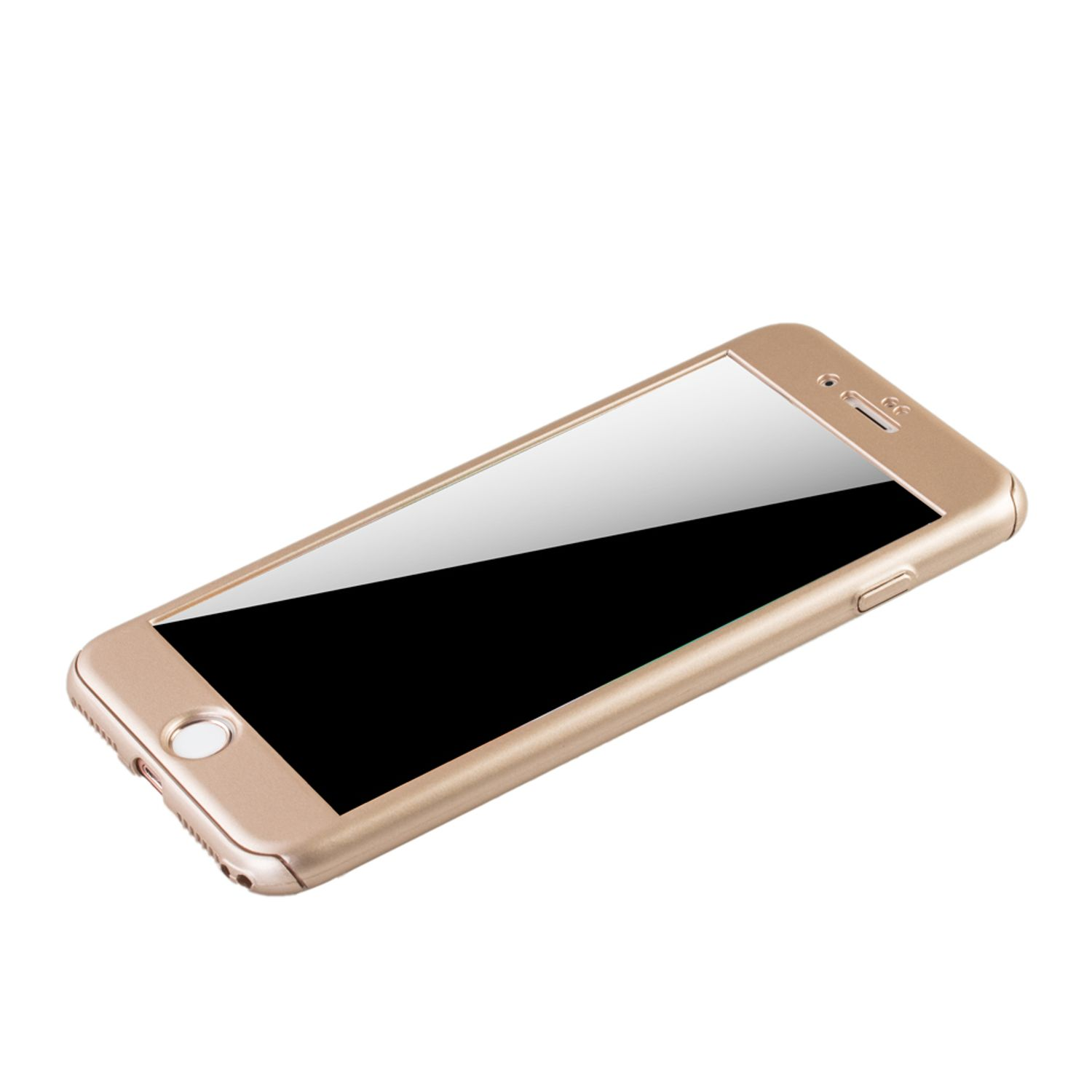 Handyhülle goldfarben, offen. Telefonbildschirm sichtbar. Schräge Ansicht.
