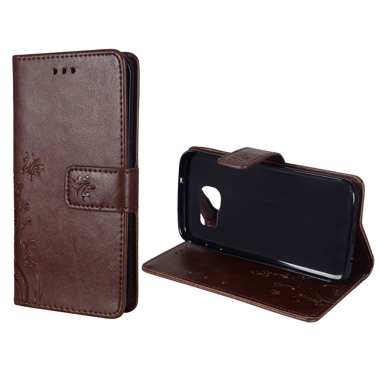 Braune Leder-Handyhülle geöffnet. Telefon ist innen. Design auf der Vorderseite und Magnetverschluss.