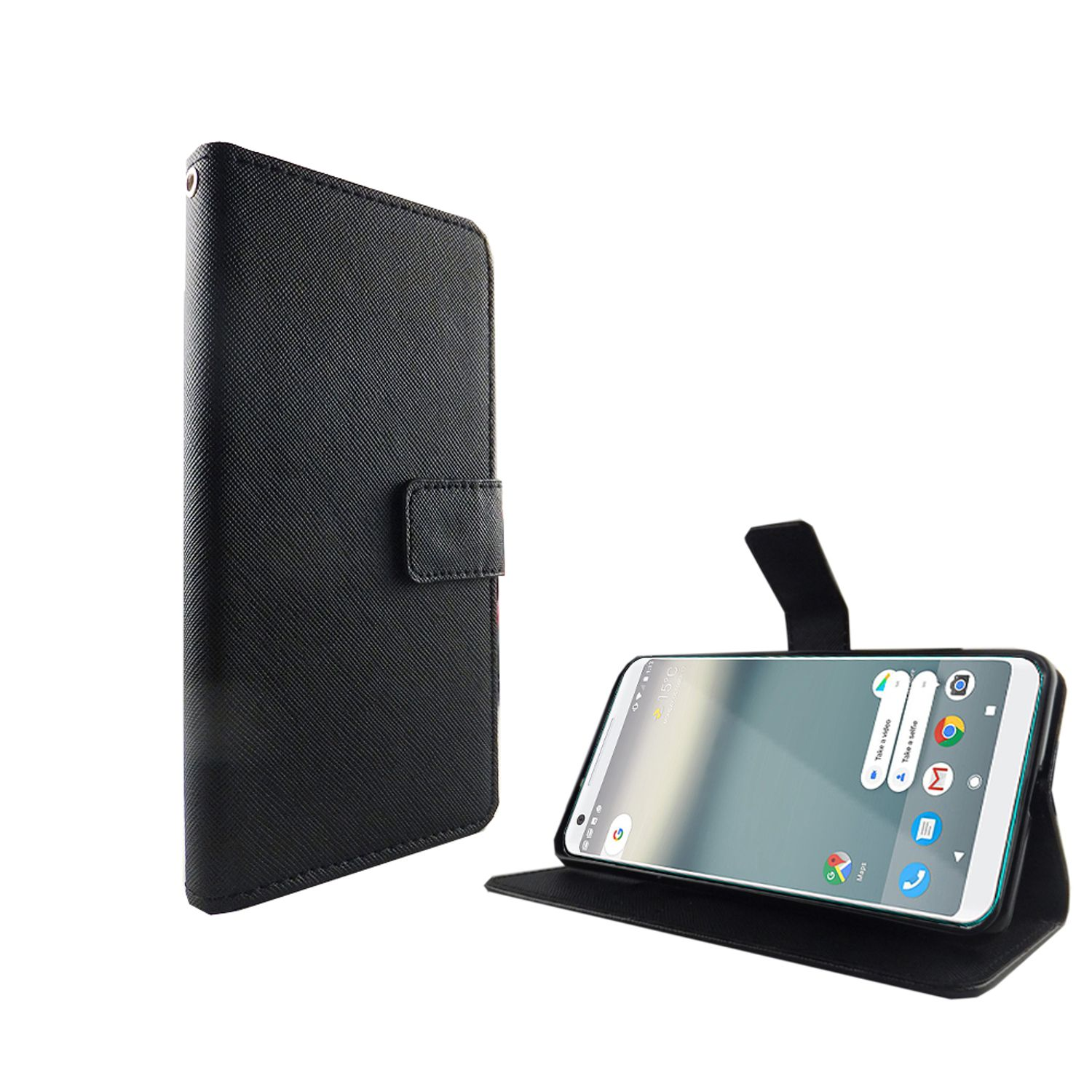 Eine schwarze Handyhülle geöffnet, mit einem Telefon darin. Weißer Bildschirm. Weißer Hintergrund.