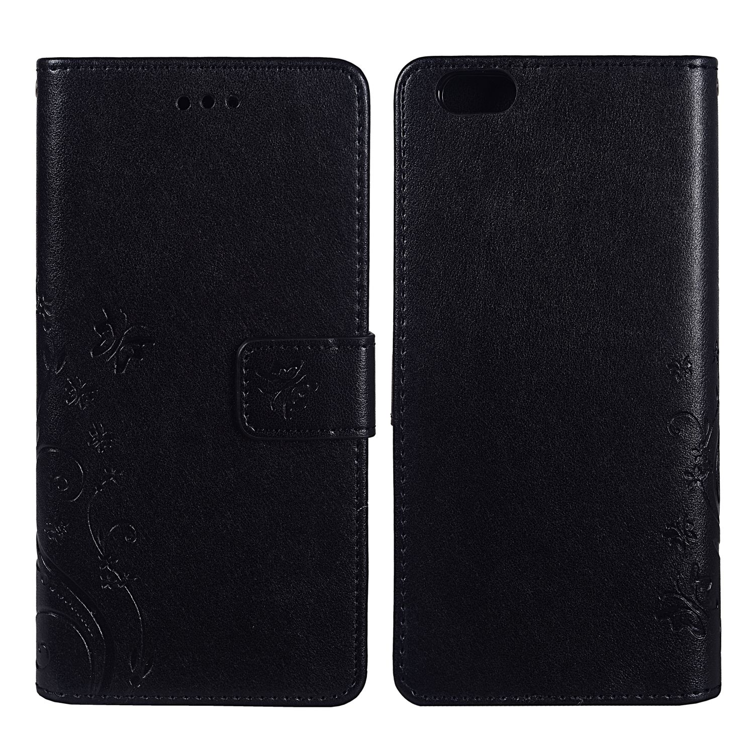 Eine schwarze Handyhülle, geschlossen und offen, mit floralen Designs und einem Magnetverschluss.