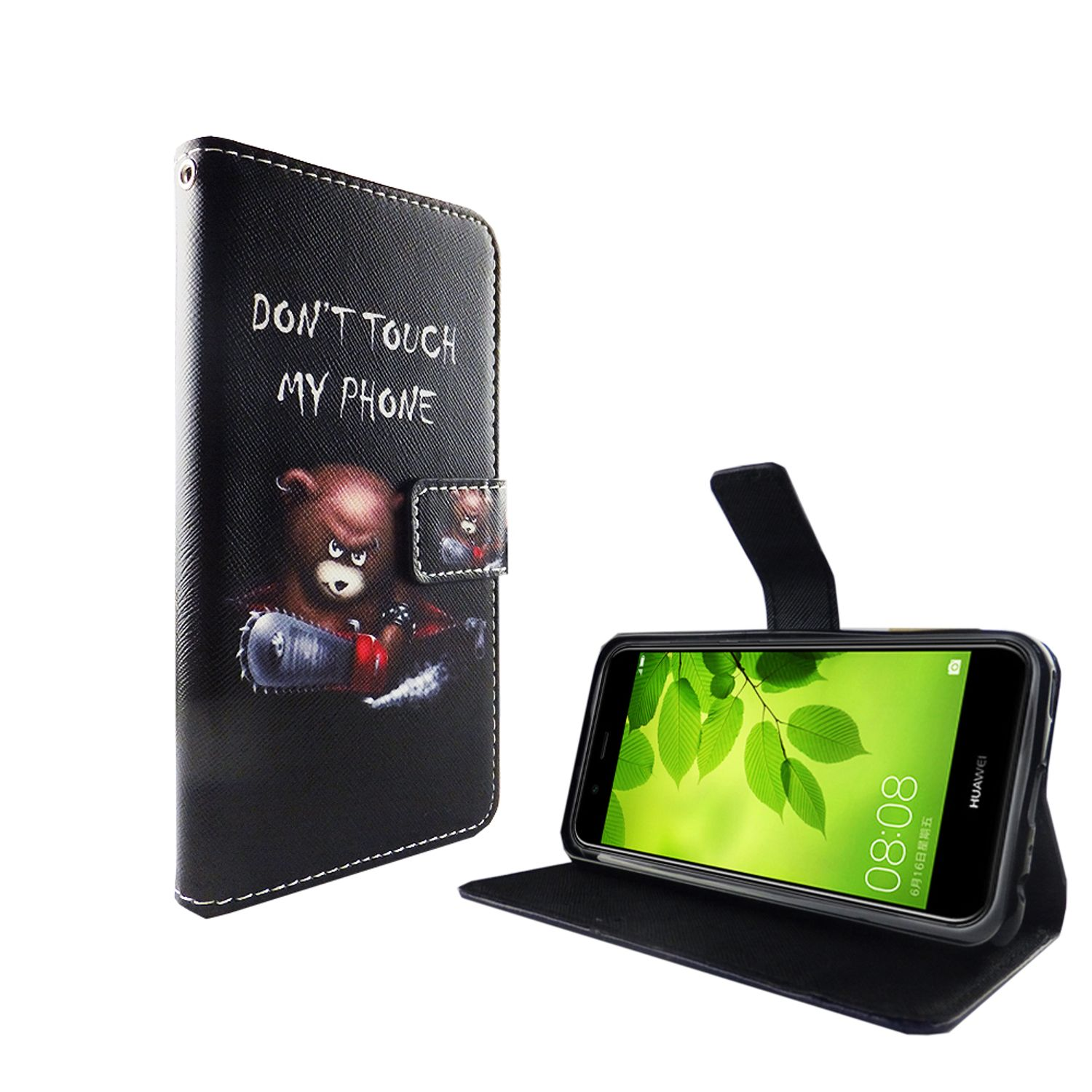 Schwarze Handyhülle mit Bären-Design und Text, Telefon innen, offen. Weißer Hintergrund.