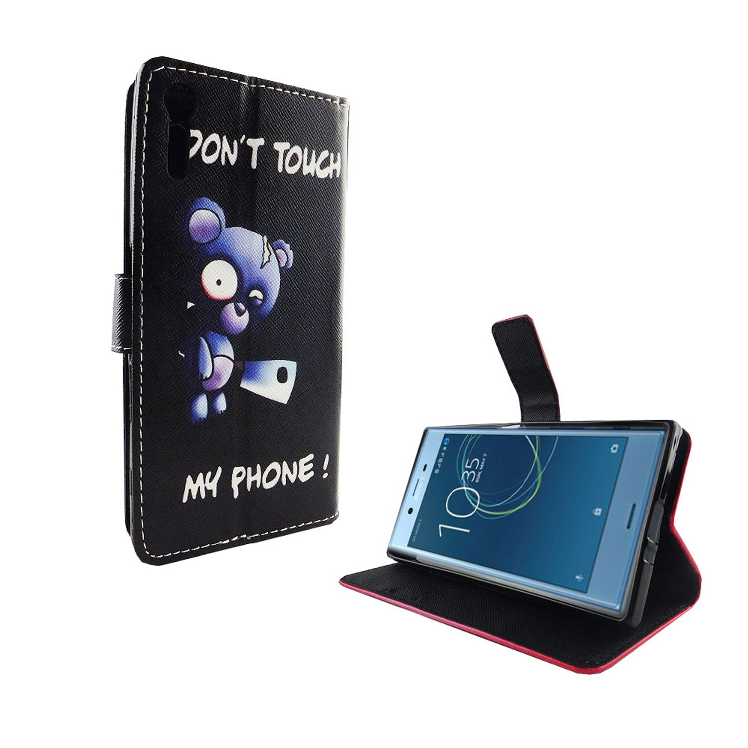 Schwarze Handyhülle mit Bärengrafik und Telefon darin.