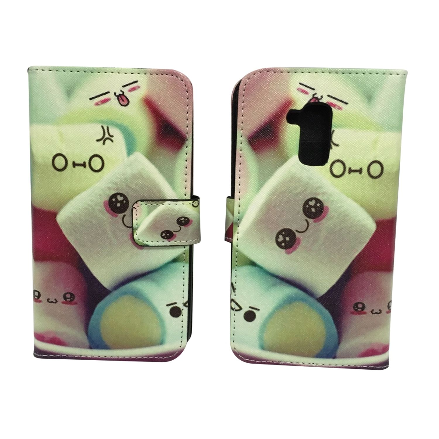 Handyhülle mit Marshmallow-Design. Die Hülle ist offen und geschlossen.