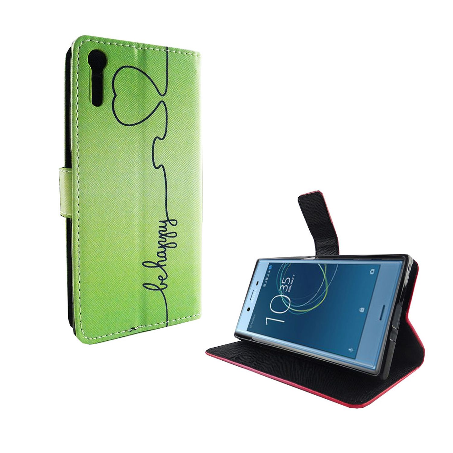 Eine grüne Handyhülle mit Telefon. Die Hülle hat die Worte 'be happy' und ein Herz-Design.