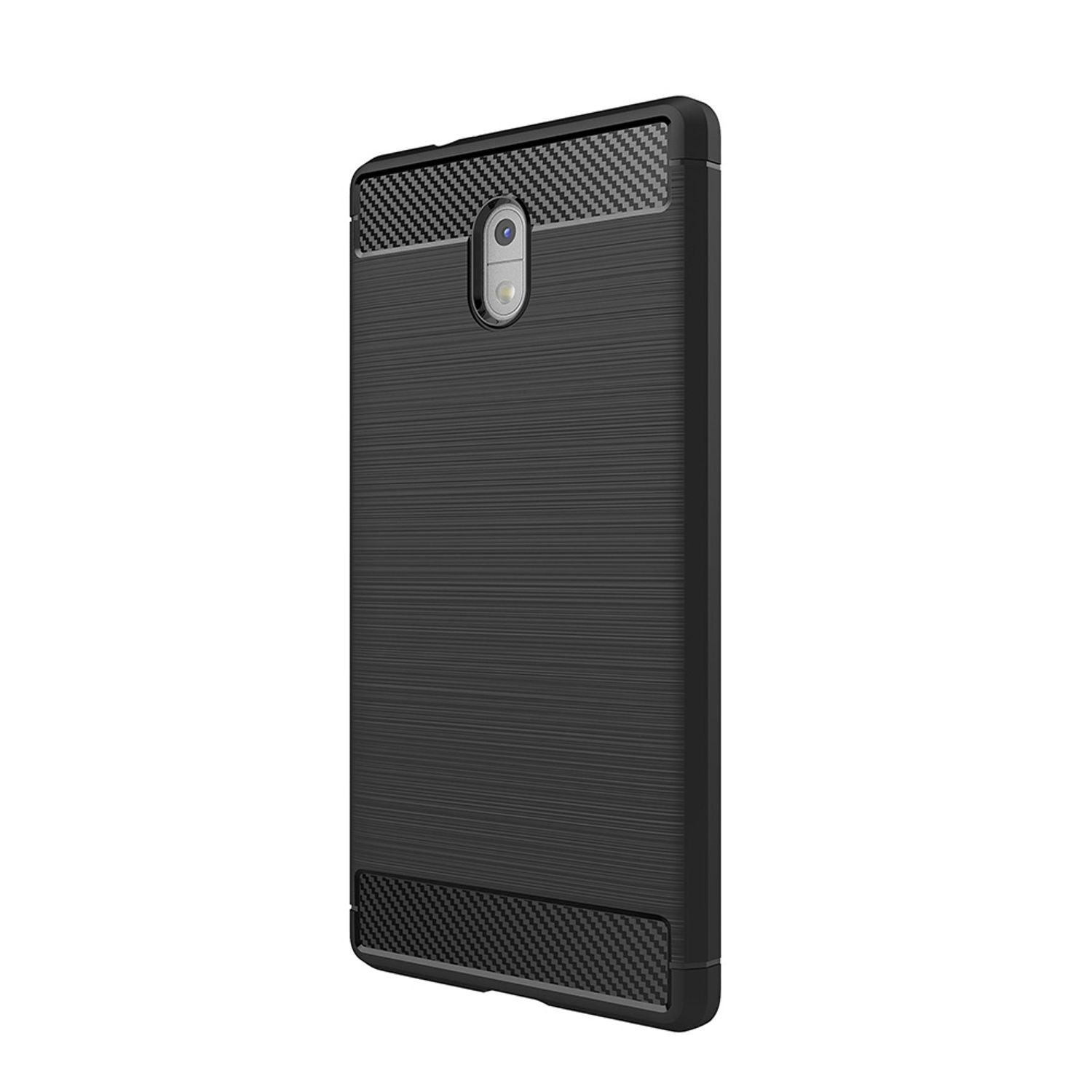 Schwarze Handyhülle mit einem Karbonfaser-Design oben und unten.