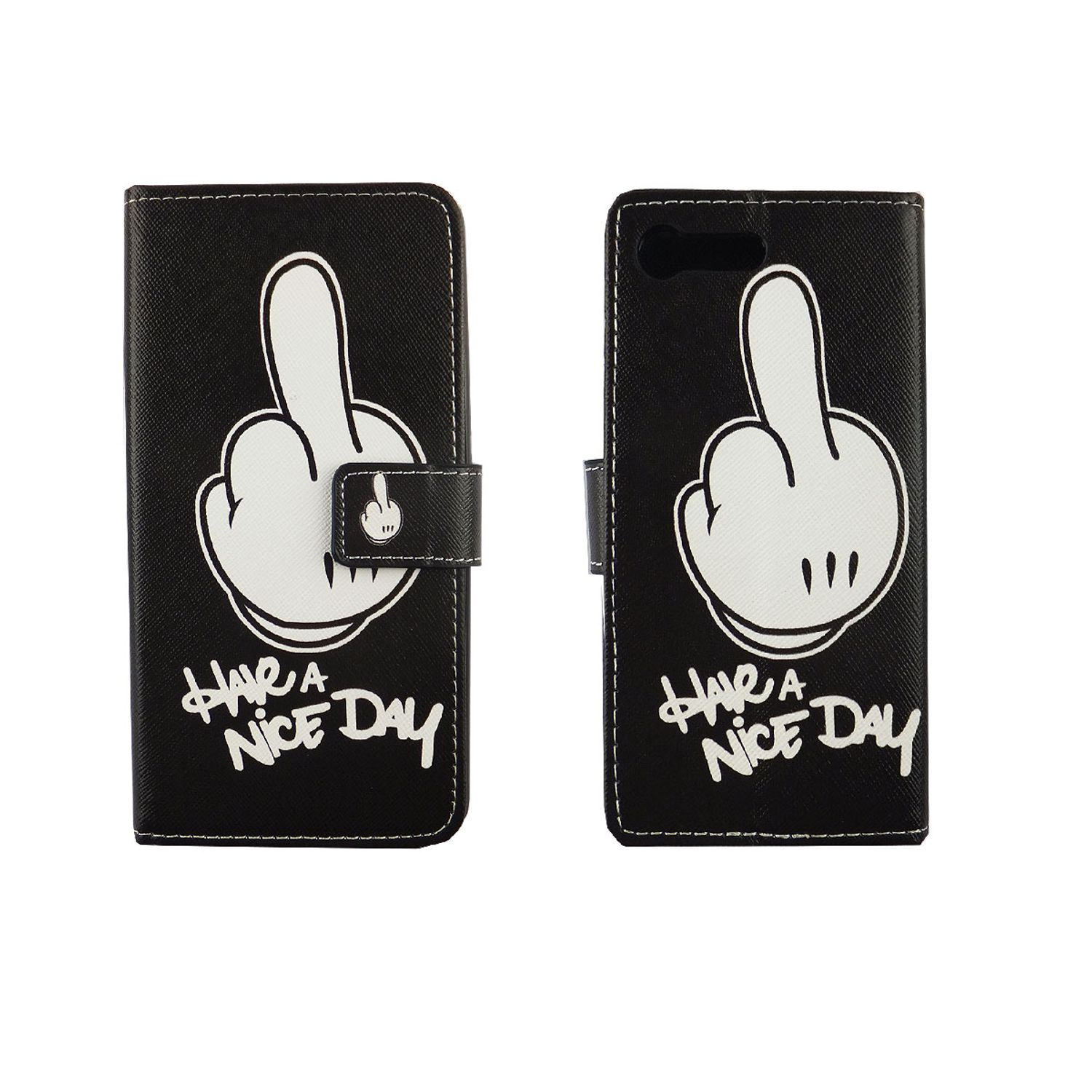 Zwei Handyhüllen, die den Mittelfinger mit den Worten "Have a nice day" zeigen.