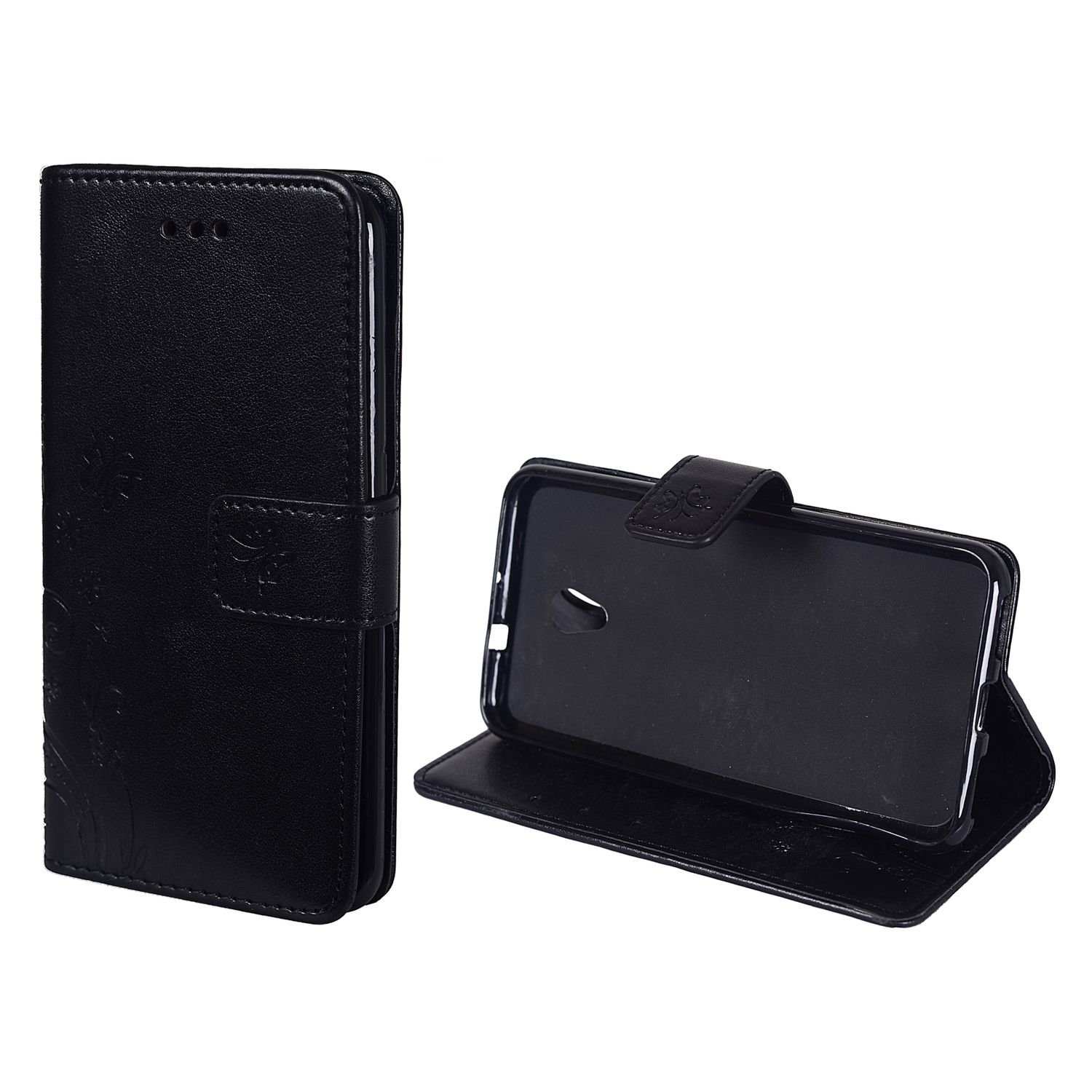 Schwarze Handyhülle, offen. Das Telefon ist innen. Geschlossen hat die Hülle einen Knopf. Weißer Hintergrund.