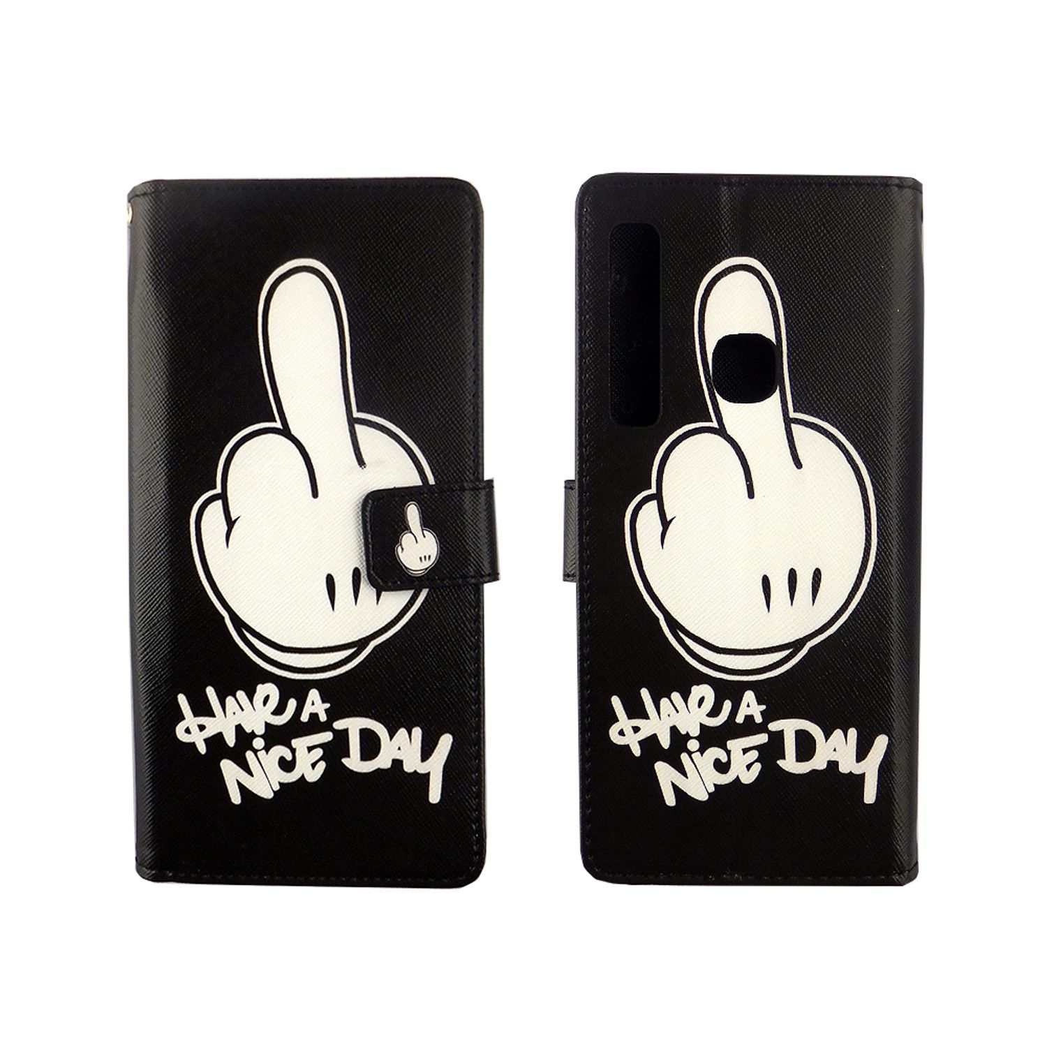 Schwarze Handyhülle mit Handgesten-Grafik und dem Schriftzug „Have a Nice Day“.