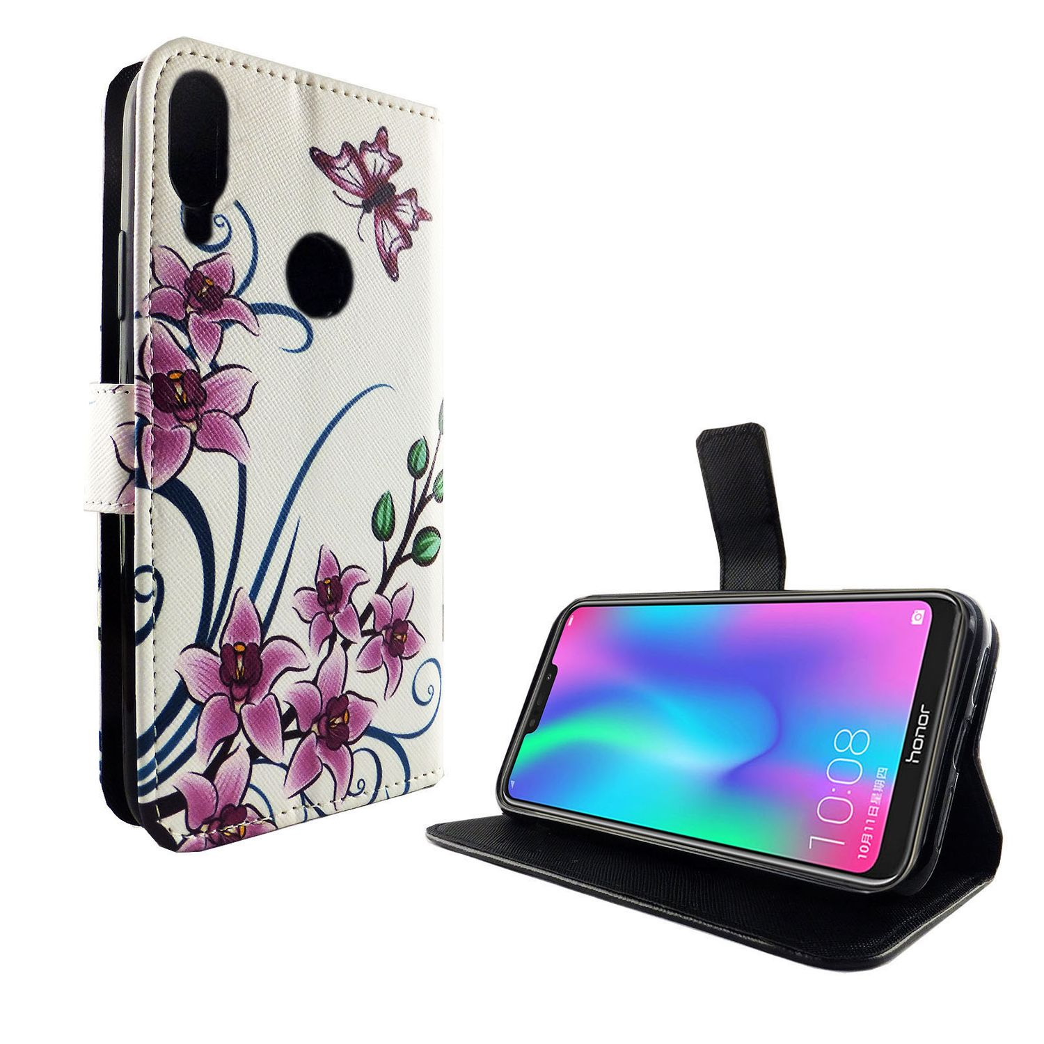 Weiße Handyhülle mit floralem Design. Ein Telefon ist auf einem Ständer geöffnet. Weißer Hintergrund.