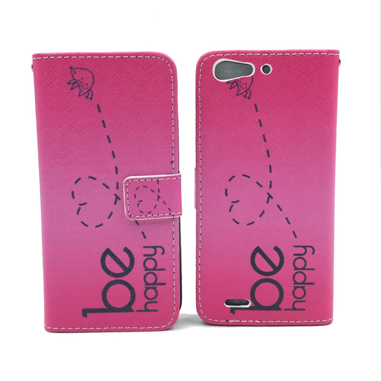 Pinke Handyhülle, offen. 'Be happy' Text. Gestrichelte Linien und eine Erdbeer-Illustration. Weißer Hintergrund.