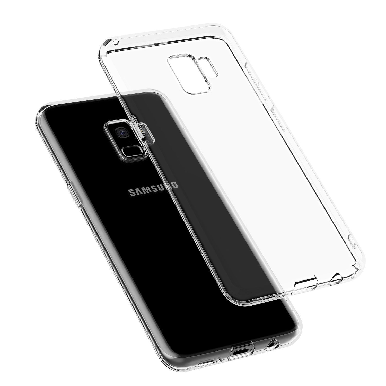 Transparente Handyhülle auf einem schwarzen Telefon, mit der Marke SAMSUNG sichtbar.