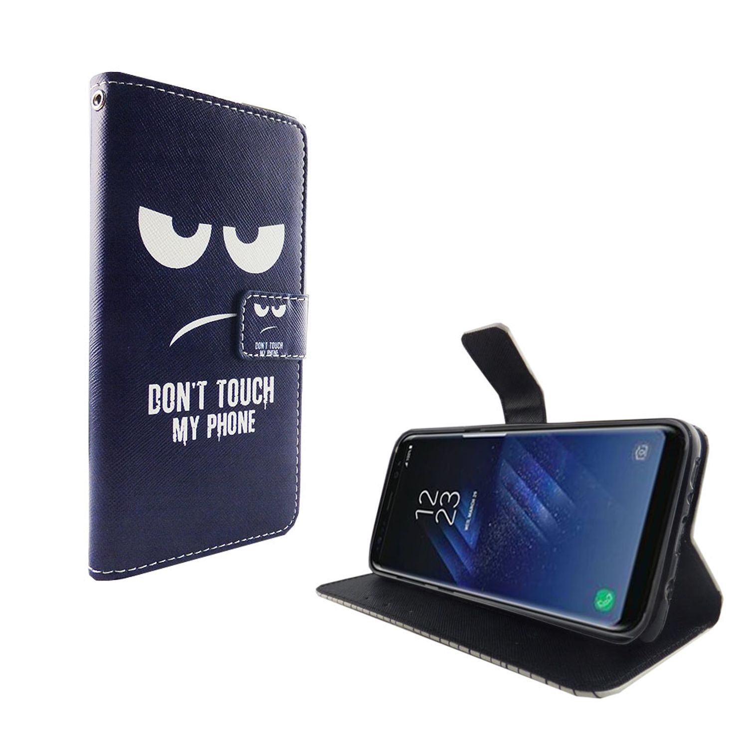 Handyhülle mit grimmigem Gesicht und Telefon mit Bildschirm.