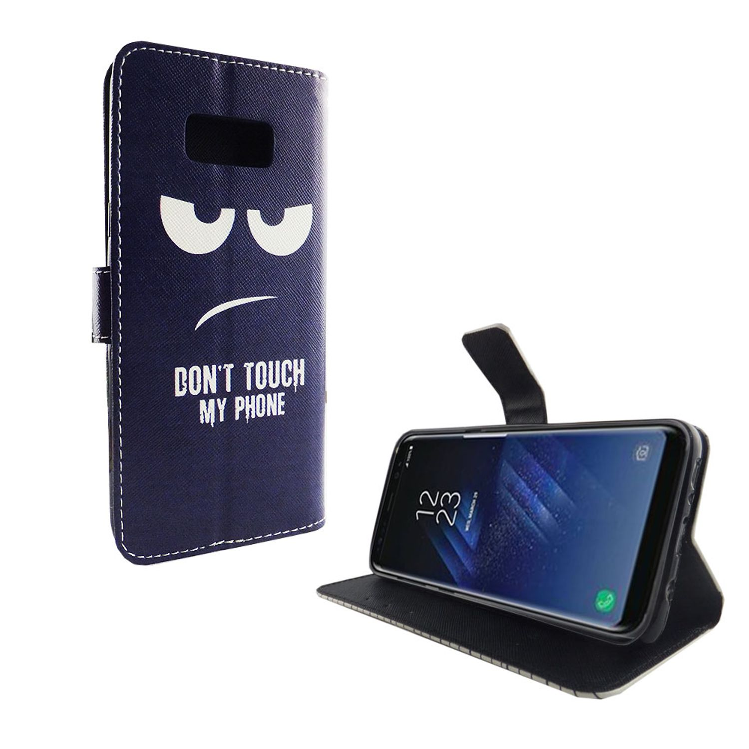 Blaue Handyhülle mit 'Don't touch my phone' Text und ein Handy darin.