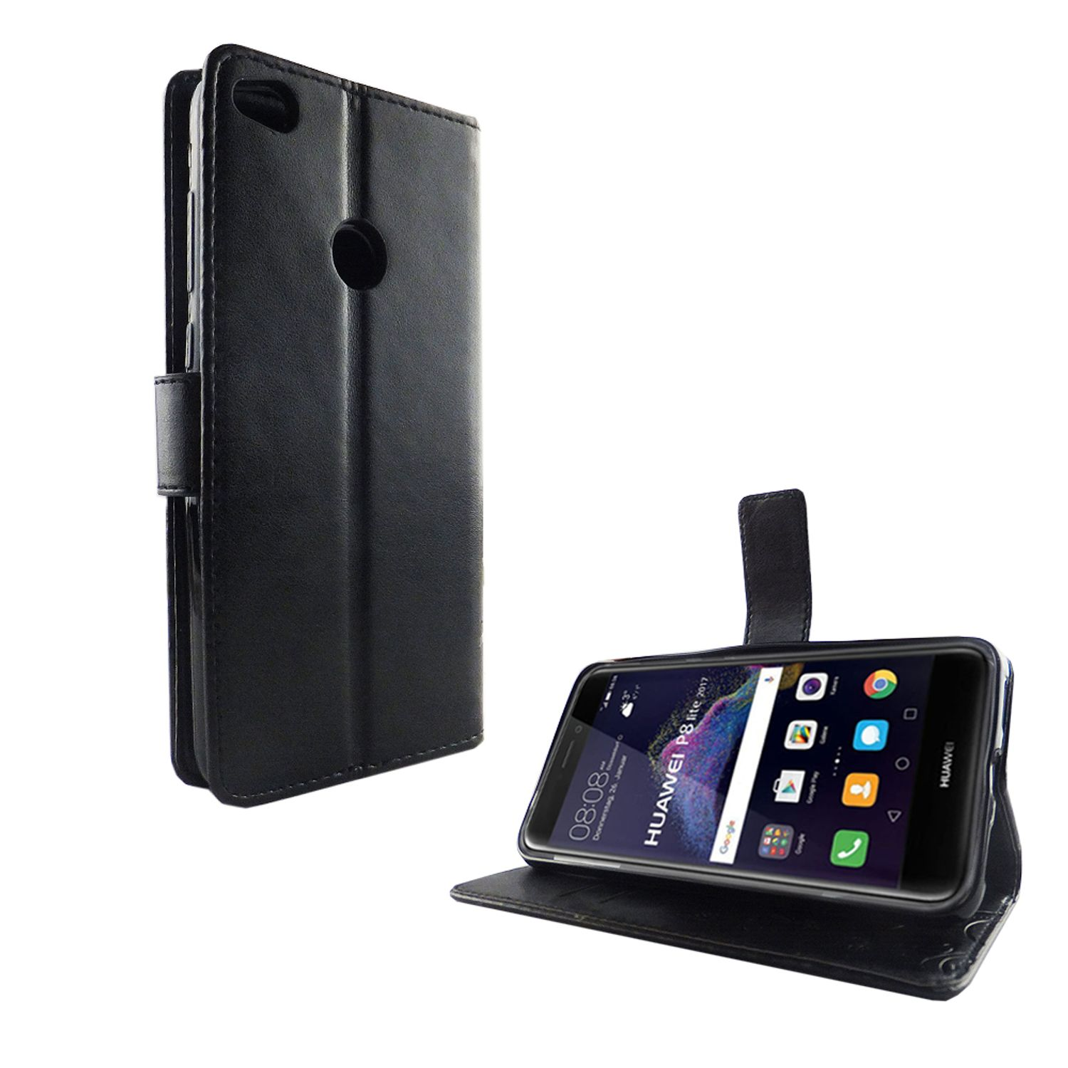 Schwarze Handyhülle mit Telefon darin. Die Hülle ist geöffnet und zeigt den Telefonbildschirm. Weißer Hintergrund.