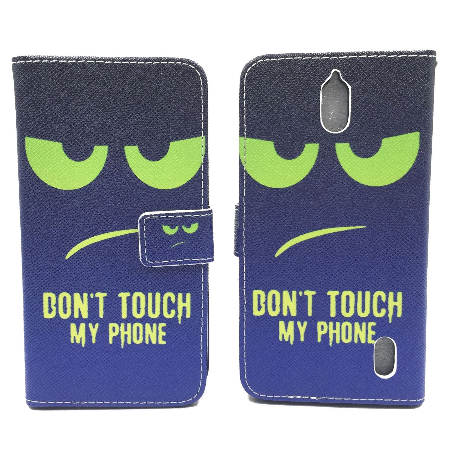 Blau-schwarze Handyhülle mit wütendem Gesicht und dem Text: „BERÜHRE MEIN TELEFON NICHT“.