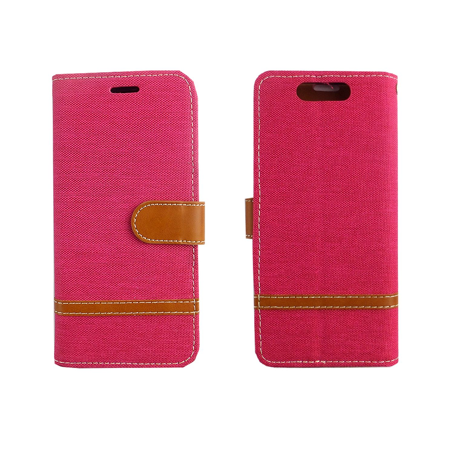 Pinke Handy-Geldbörsenhülle, offen und geschlossen, mit Nahtdetails.