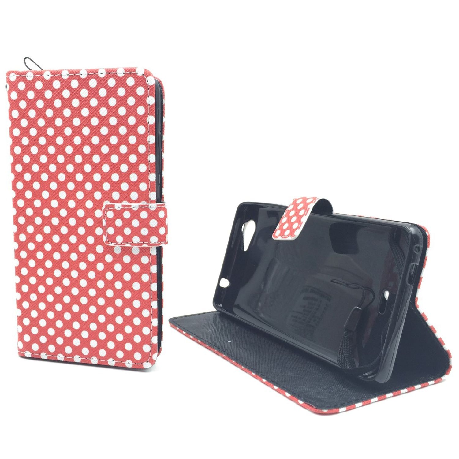 Rote Polka-Dot-Handyhülle, geöffnet, um ein Telefon zu zeigen. Weißer Hintergrund.