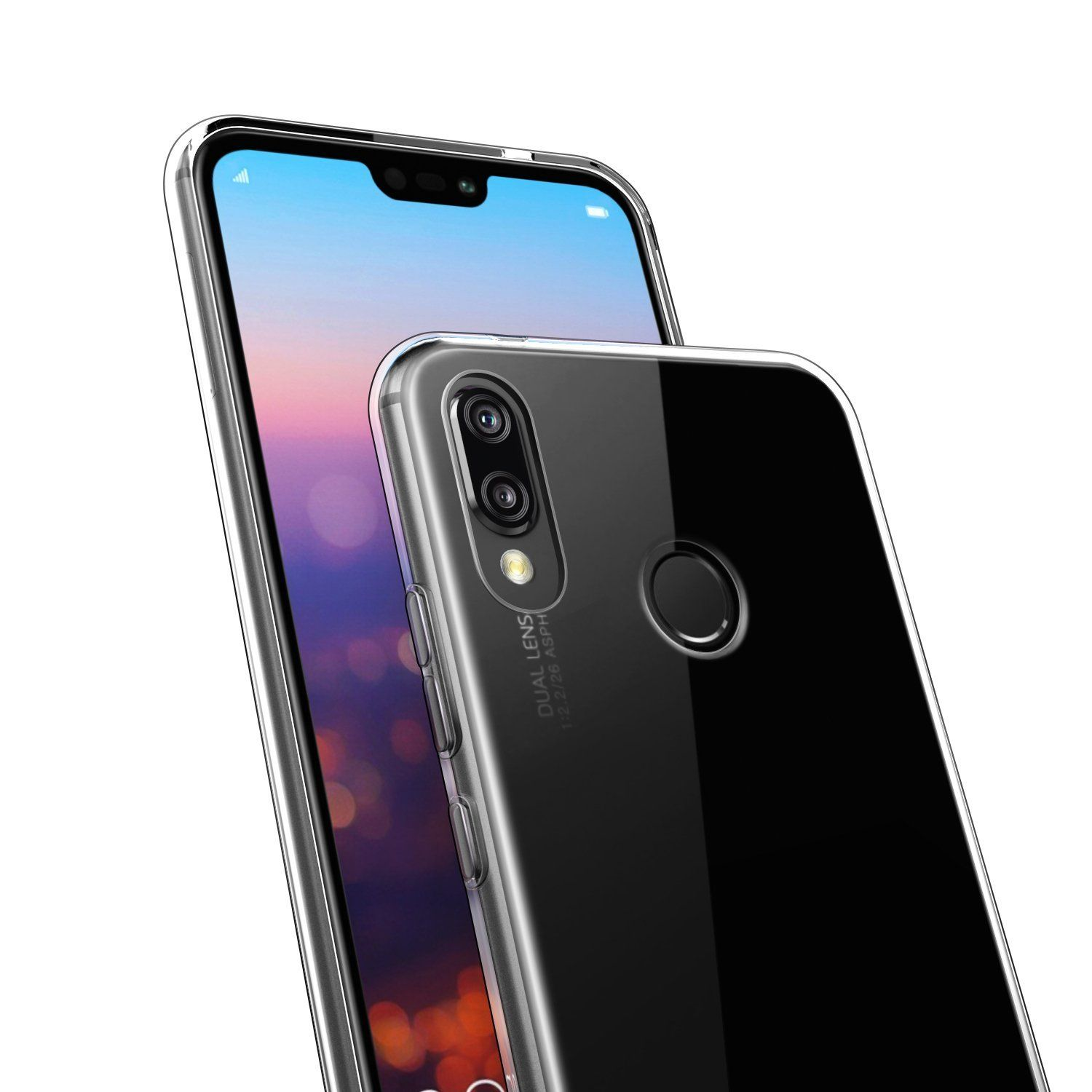 Eine transparente Handyhülle auf einem Handy, mit dem Handy dahinter.