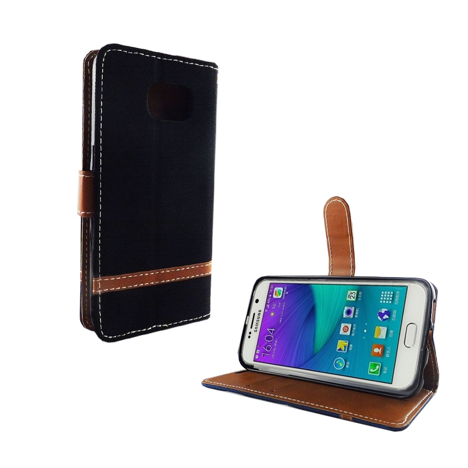 Schwarz-braune Handyhülle mit Telefon. Geöffnete Hülle mit aufgestelltem Telefon.