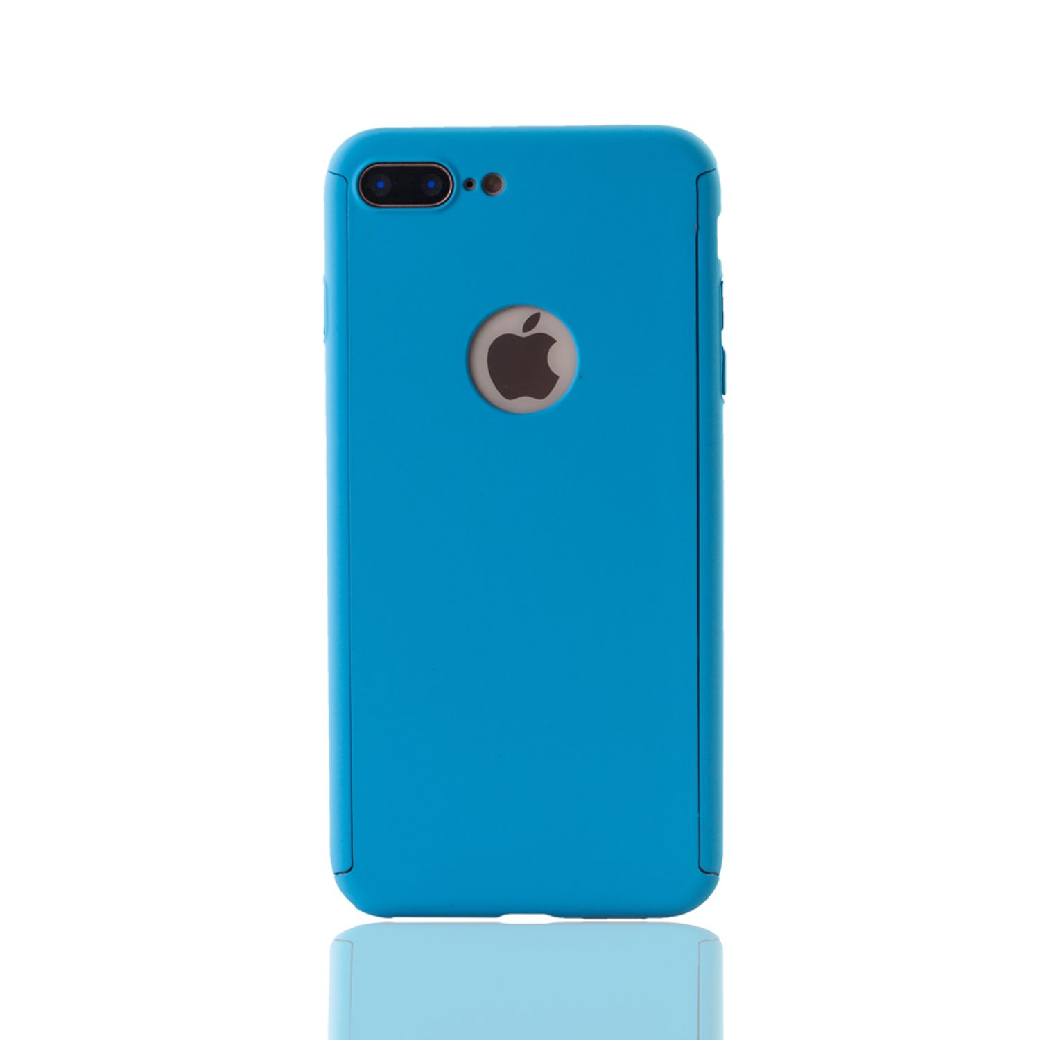 Blaue Handyhülle mit Apple-Logo, die Hülle befindet sich auf weißem Hintergrund.