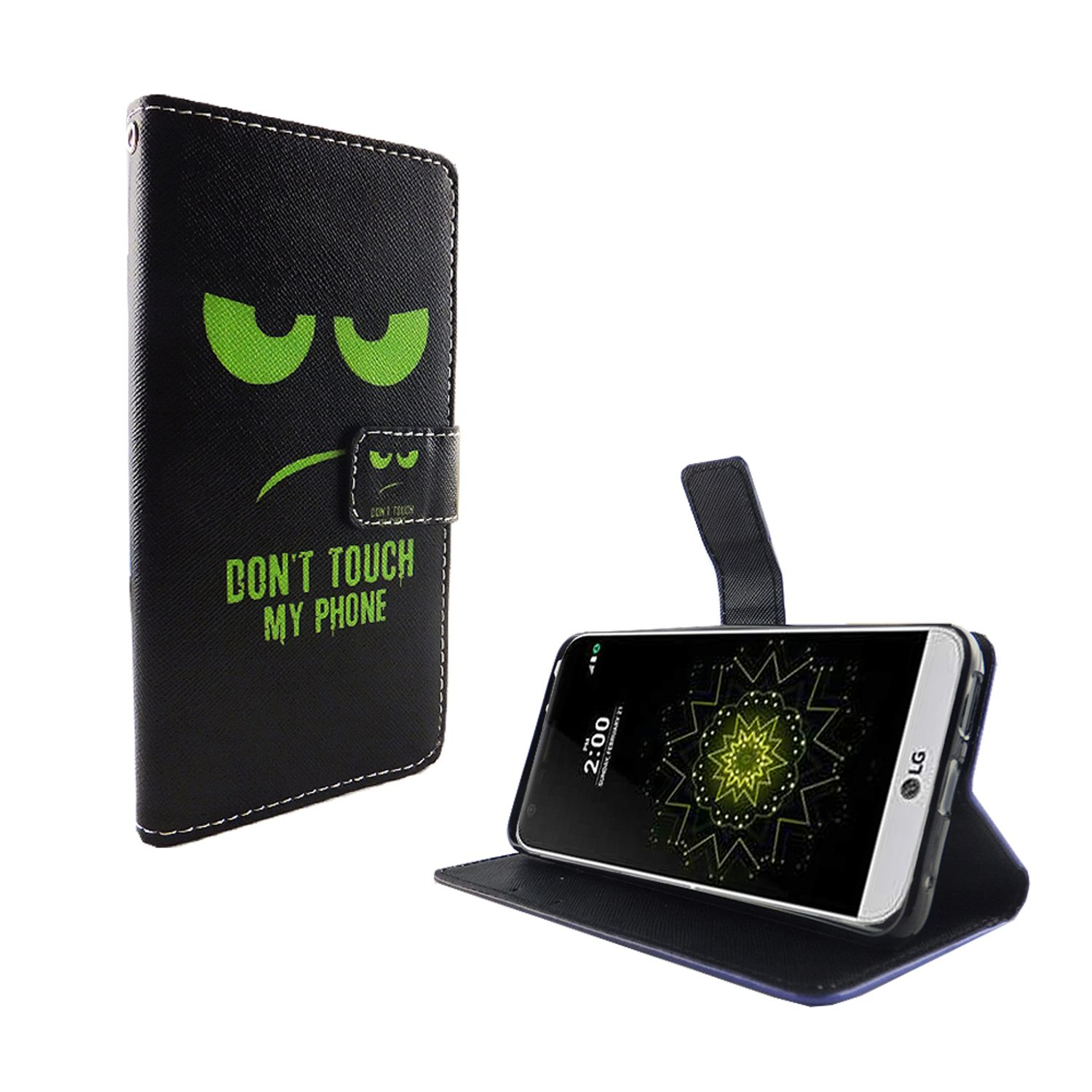 Schwarze Handyhülle mit grünem, wütendem Gesicht und dem Text: "DON'T TOUCH MY PHONE."