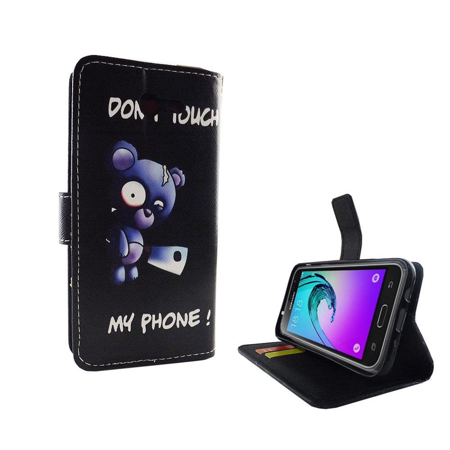 Eine schwarze Handyhülle. Ein Bär mit Messer und Text 'DON'T TOUCH MY PHONE!'. Das Telefon ist in der Hülle.