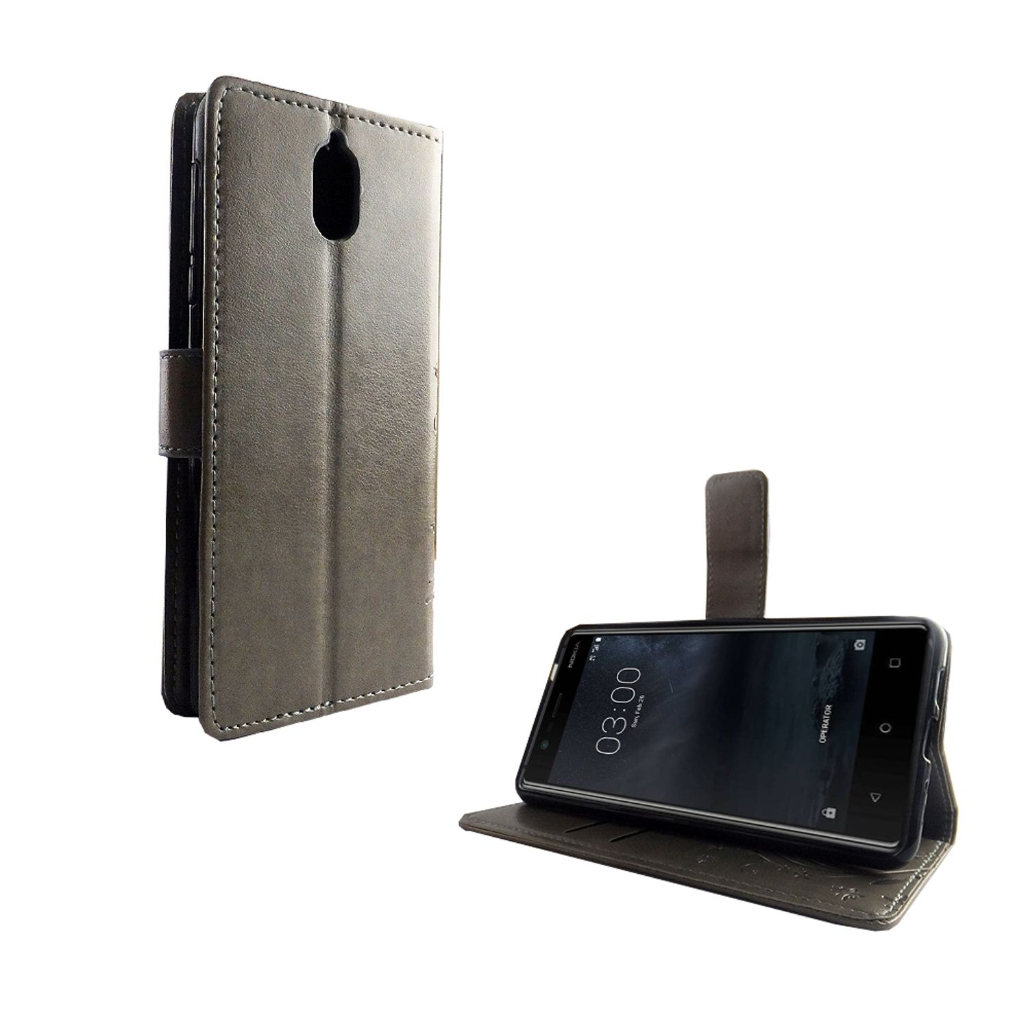Graue Handyhülle mit Telefon, offene und geschlossene Versionen.