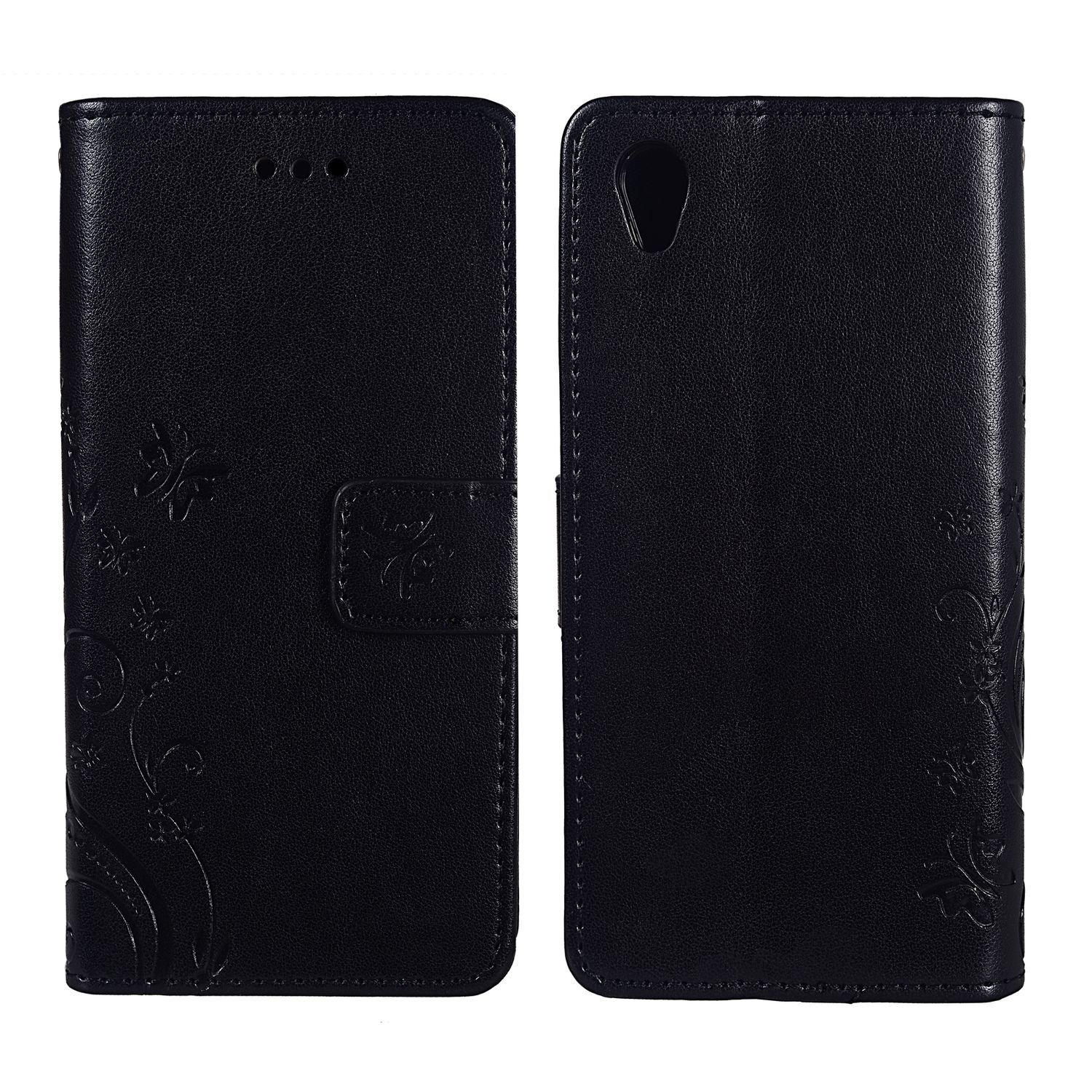 Eine schwarze Leder-Handyhülle mit floralem Design wird geöffnet und geschlossen gezeigt.